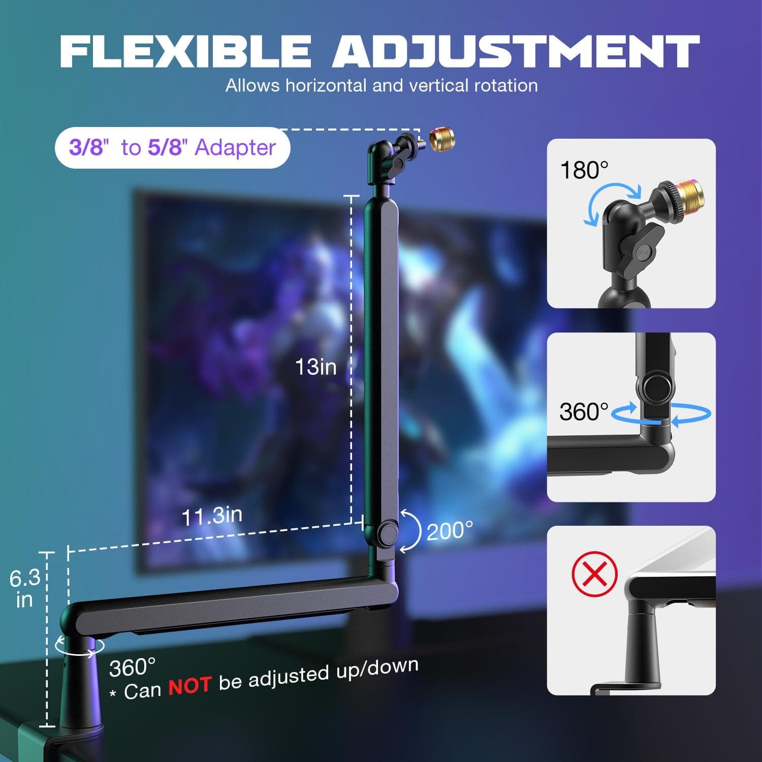 FIFINE Microphone Boom Arm, Low Profile Adjustable Stick Microphone Arm Stand with Desk Mount Clamp, Screw Adapter, Cable Management, for Podcast Streaming Gaming Studio-BM88 Black - Image 5