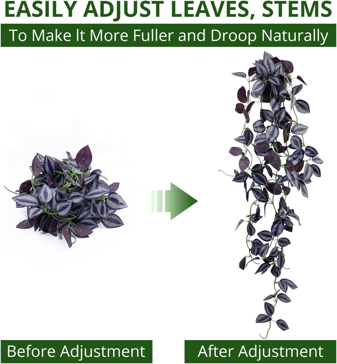 LOYWREE Small Fake Hanging Purple Eyebrow Leaf Plant Artificial Potted Plants Indoor 39-in Long Faux Dark Black Vine Plant with Pot for Shelf Home Office and Outdoor Garden Decor (Black Pot) Dark Eyebrow 1Pack - Image 8