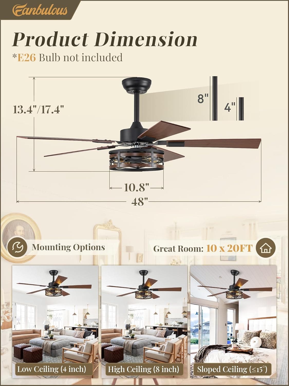 Fanbulous Farmhouse Ceiling Fans with Light, 48 Inch Bedroom Ceiling Fan with Lights, 6-Speed Adjustable, Quiet and Reversible DC Motor, Dual Finish 5 Blades, Rustic Caged Ceiling Fan for Living Room Black and Walnut 48 Inch - Image 6
