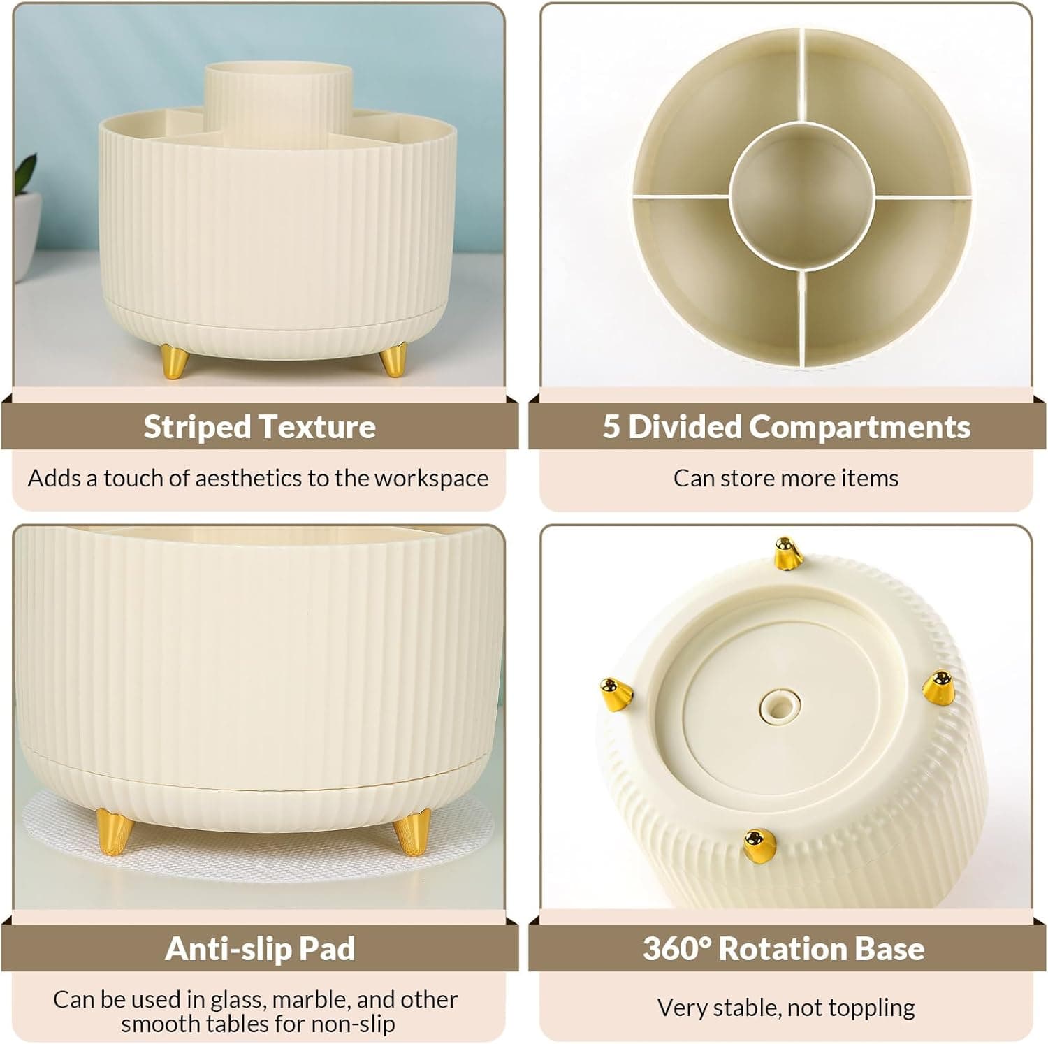 SKYDUE Organizador de Lápices de Plástico Rotativo 360 con 5 Compartimentos, Taza de Suministros de Arte de Doble Propósito para Oficina, Escuela, Hogar Beige_1Pack - Image 6