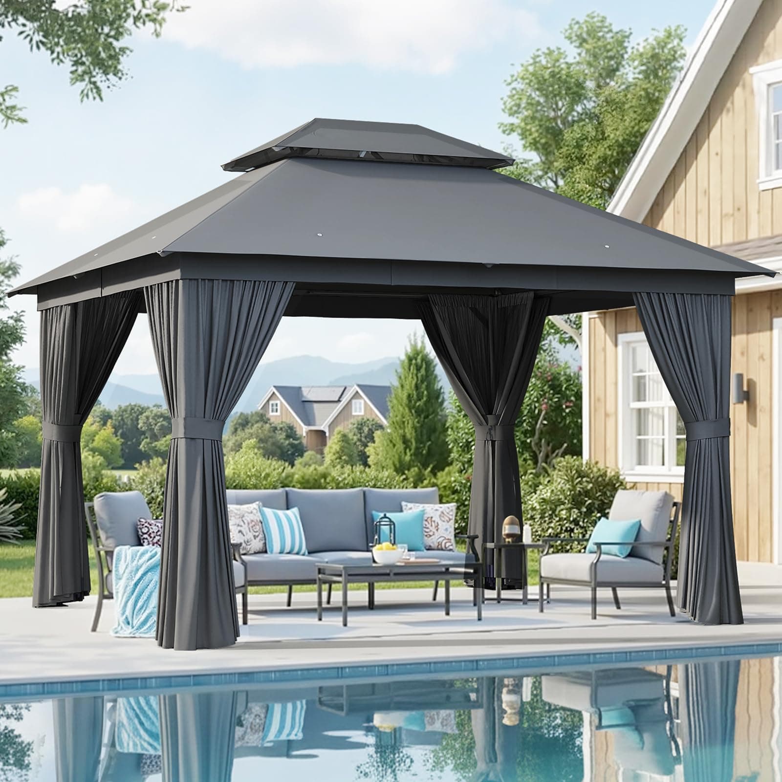 Aoxun Outdoor Gazebo for Patio 10x12, Metal Frame Canopy with Double Roofs, Heavy Duty Party Tent and Shelter with Mosquito Netting and Privacy Screen for Backyard, Lawn, Garden, Deck 10 X 12 Gray