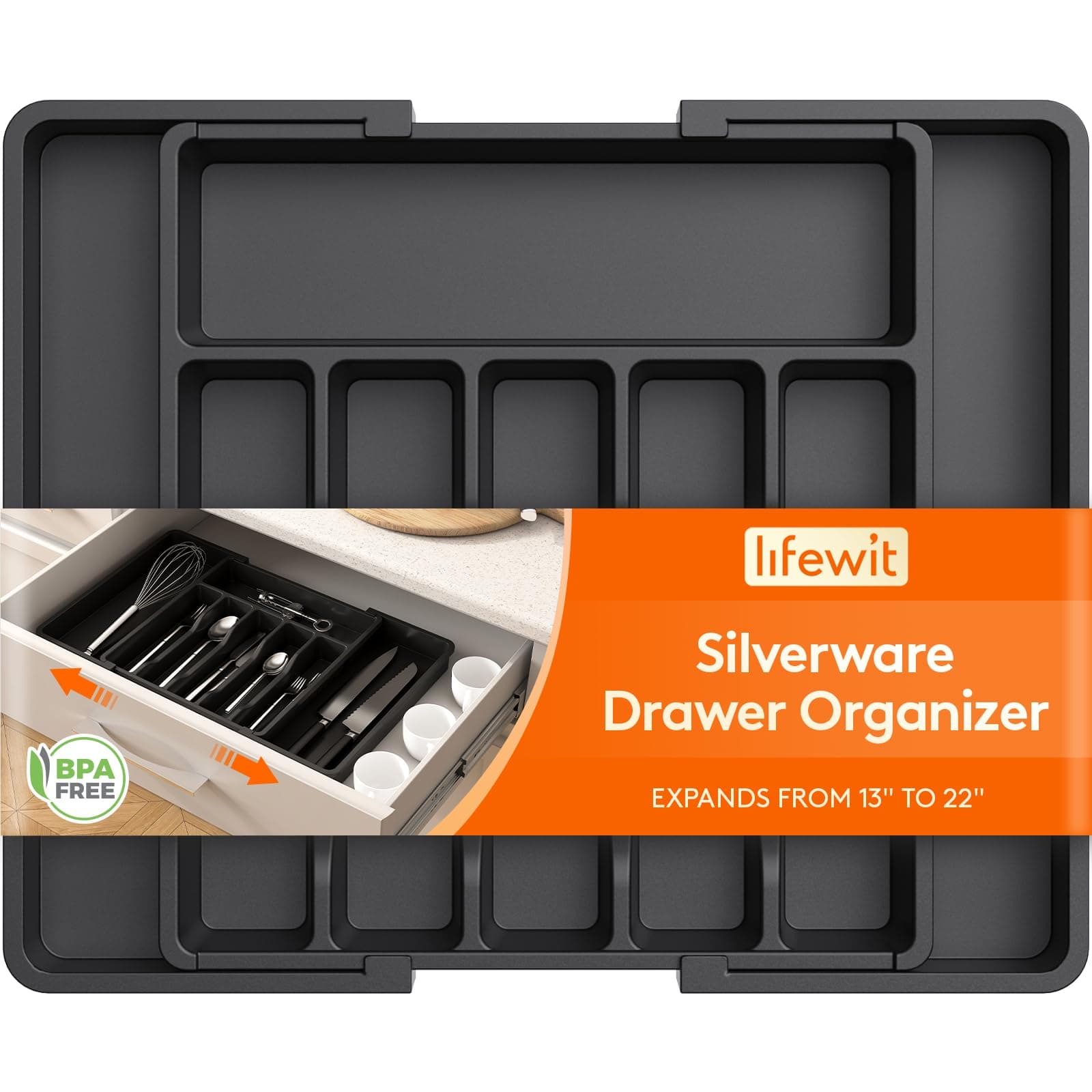 Lifewit Silverware Drawer Organizer, Expandable Utensil Tray for Kitchen, BPA Free Flatware and Cutlery Holder, Adjustable Plastic Storage for Spoons Forks Knives, 13-22 x 15", Black XL (13-22''W x 15''D) Black