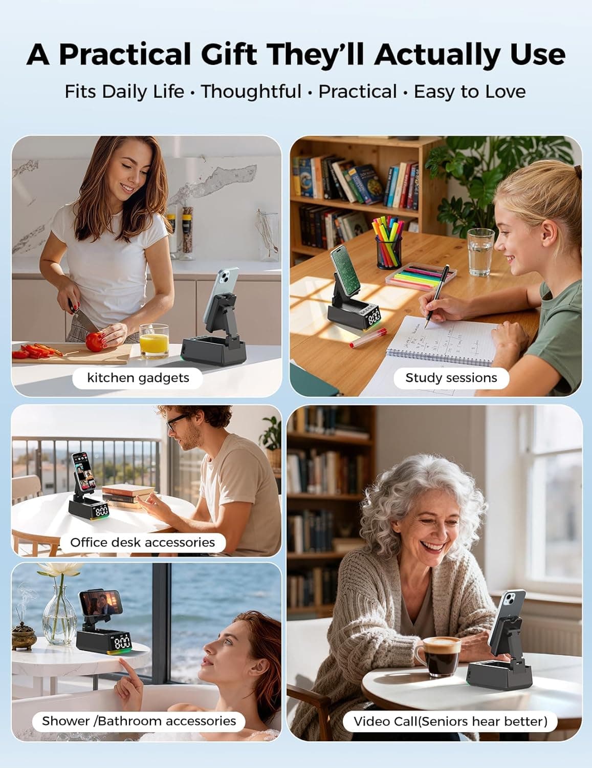 Altavoz Bluetooth Regalo de Cumpleaños para Hombres: Soporte de Teléfono por Inducción Sonido HD Regalos de San Valentín para Él Ella Adulto Adolescente, Soporte Antideslizante para Teléfono Gadget de Cocina Mujeres Mamá Esposa, Papá Esposo Novio (Negro) - Image 4