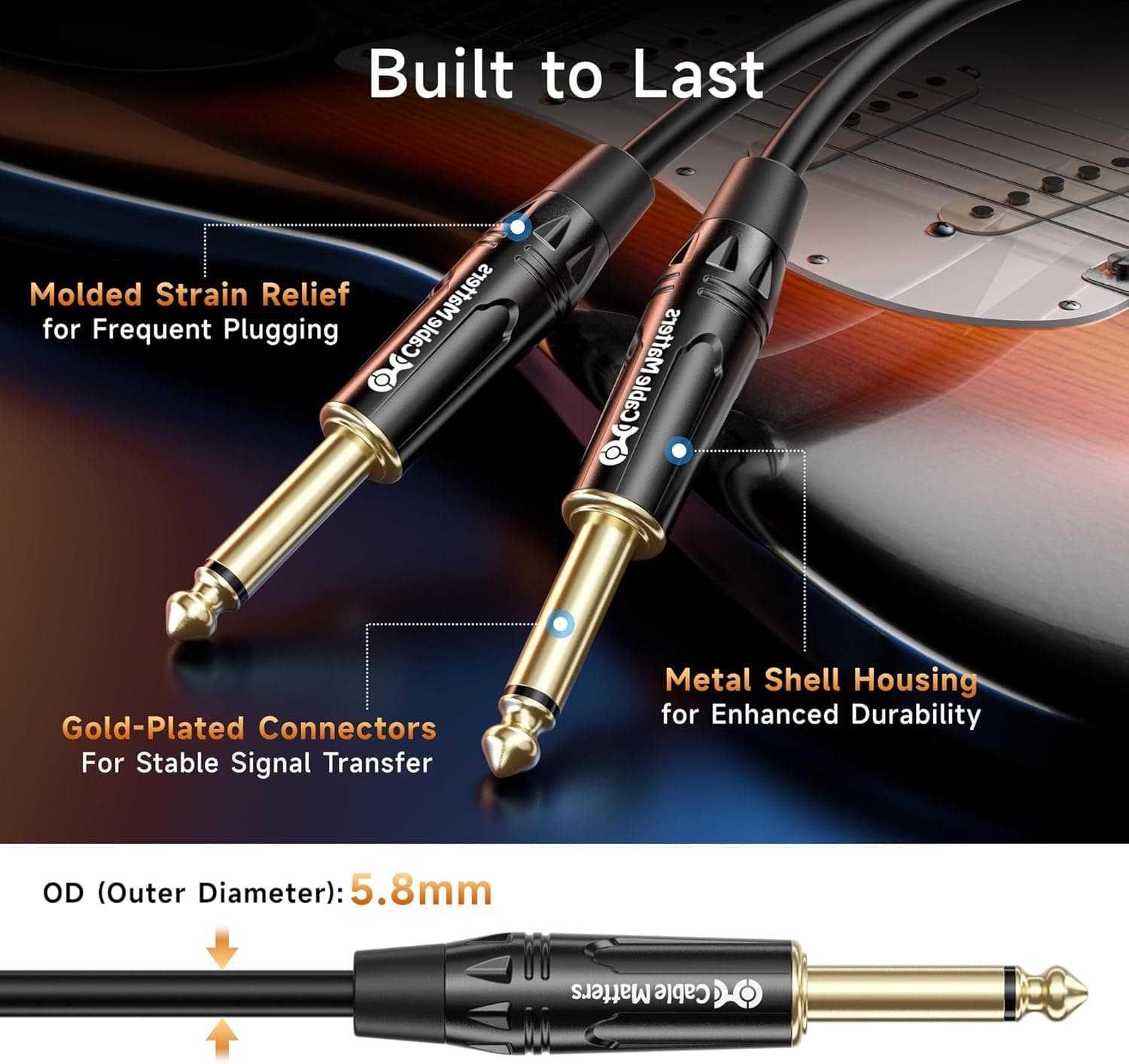 Cable Matters 2-Pack 1/4 Inch TS to TS Electric Guitar Cable - 6ft, Guitar Amp Cord, Instrument Cable for ElectricGuitar, Mandolin, Bass AMP, Keyboard, Mixer, Equalizer 6 ft Regular - Image 6
