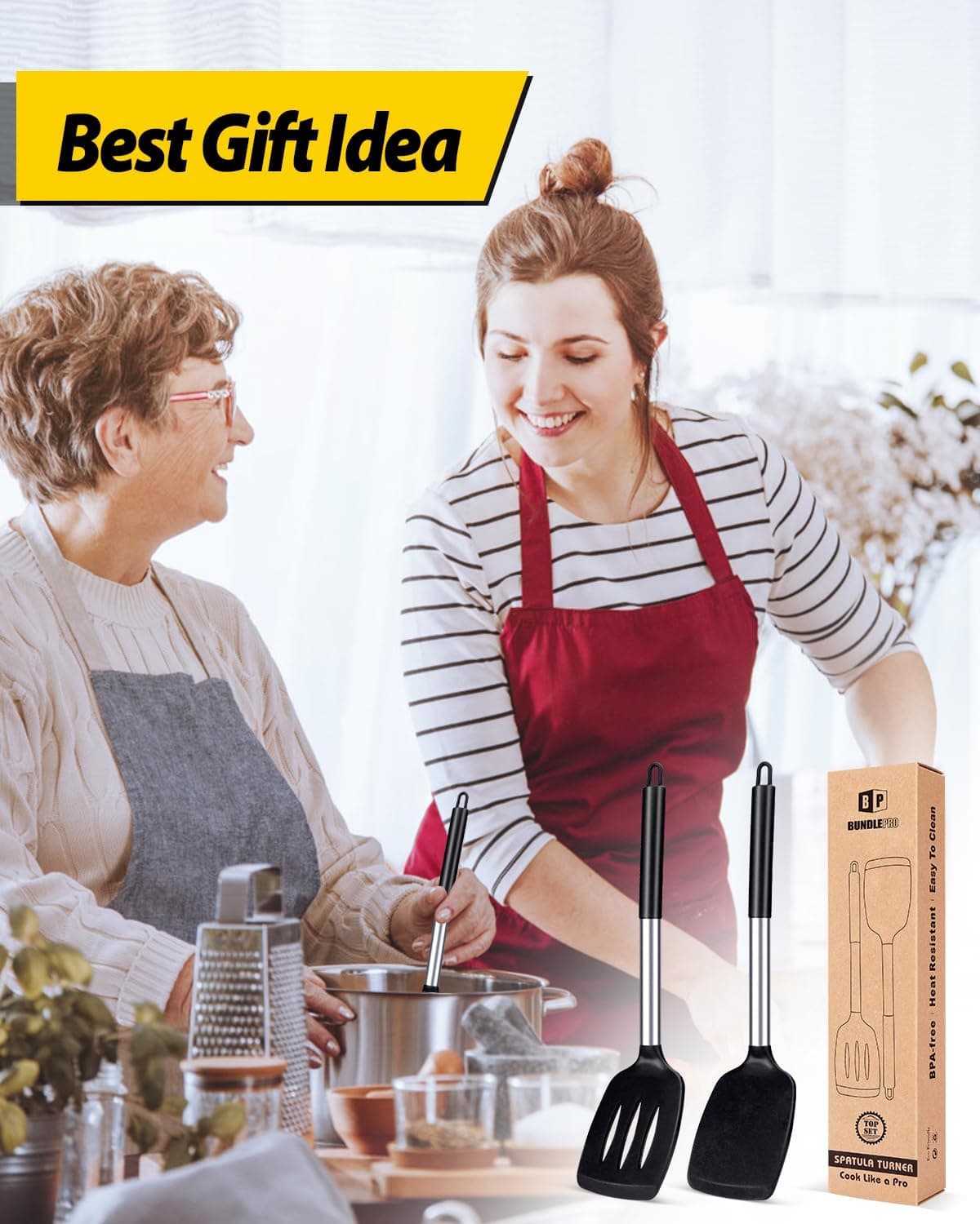 Pack de 2 Spatules en Silicone Solides, Spatules de Cuisine Antiadhésives avec Fentes, Ustensiles de Cuisine Résistants à Haute Température et Sans BPA, Idéal pour Cuire du Poisson, des Œufs, des Crêpes (Noir) - Image 8