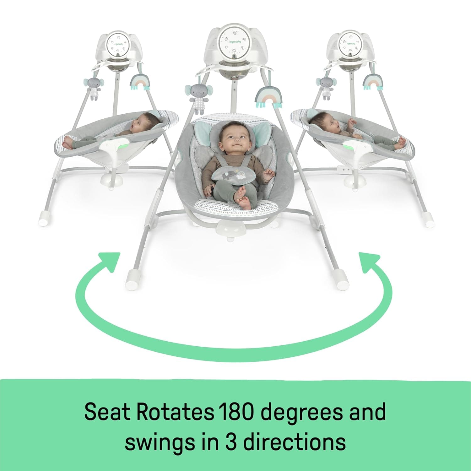 Ingenuity InLighten 5-Speed Baby Swing - Swivel Infant Seat, 5 Point Safety Harness, Nature Sounds, Lights - Van Elephant Van The Elephant - Image 3