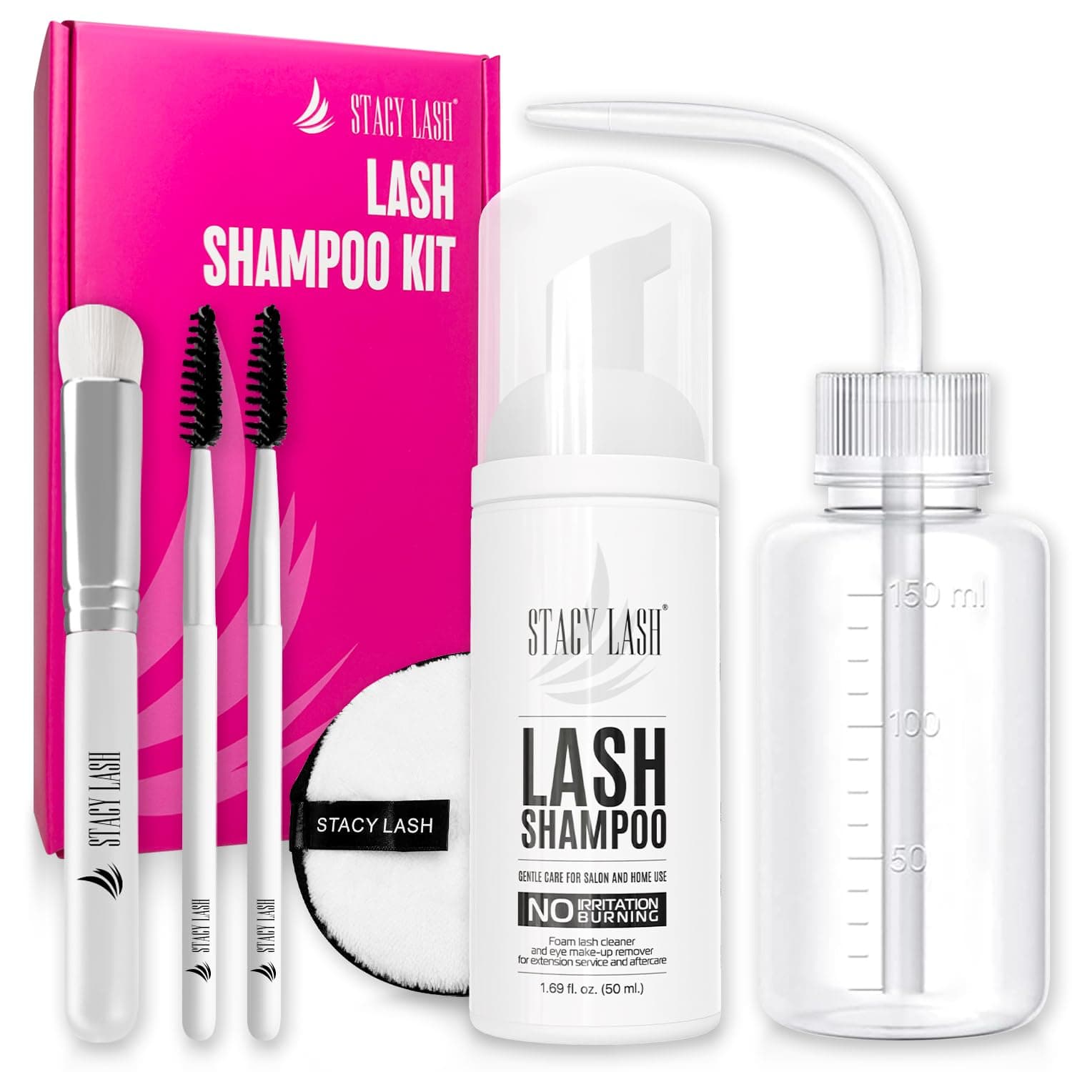 STACY LASH Lash Shampoo Kit Foaming Cleanser with Eye Lash Spoolies & Rinse Bottle & Cleansing Pad & Brush for Eyelash Extensions & Clusters & Natural Eyelashes 1.69 fl oz (50 ml) Lash Shampoo Kit