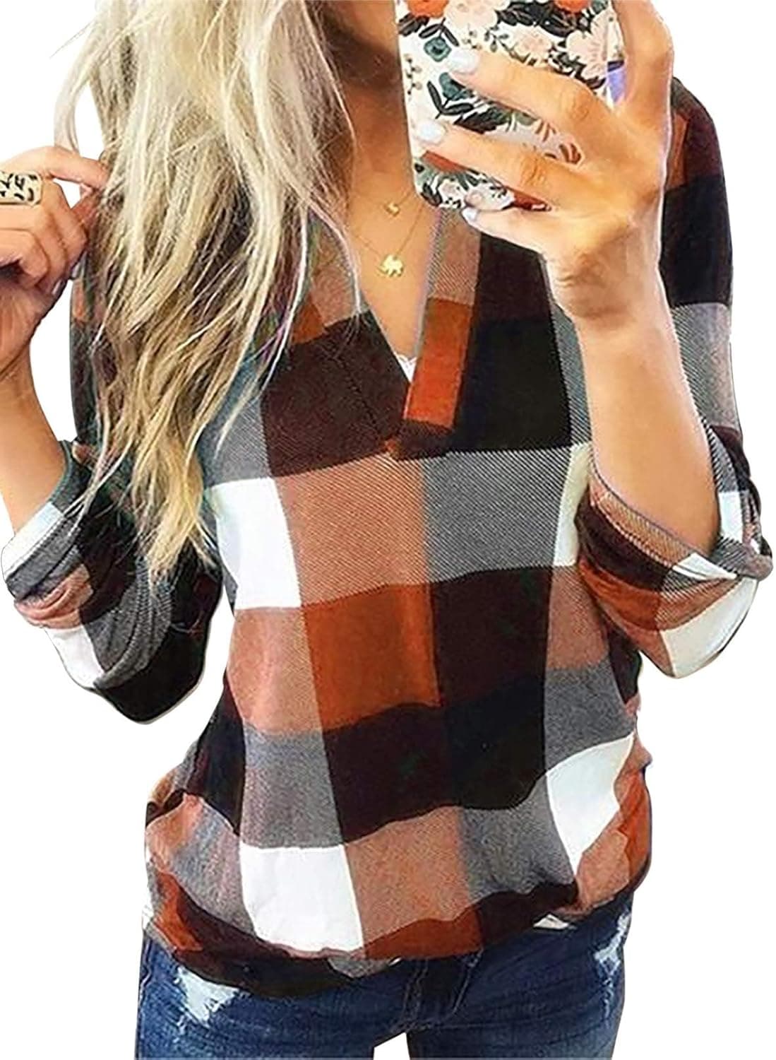 Dokotoo Womens Basic Casual V Neck Plaid Print Cuffed Long Sleeve Work Tops Blouses Shirts S-3XL Medium Orange - Image 2