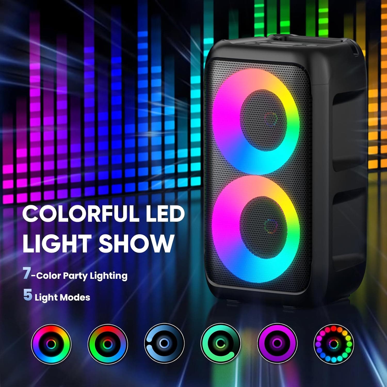 Karaoke Machine for Adults Kids, Portable Bluetooth Speaker with 2 Wireless Microphones, TWS Mode & LED Light, 10H Battery PA System Stage Monitors,Perfect for Home Party Outdoor Birthday Gifts(Black) - Image 6