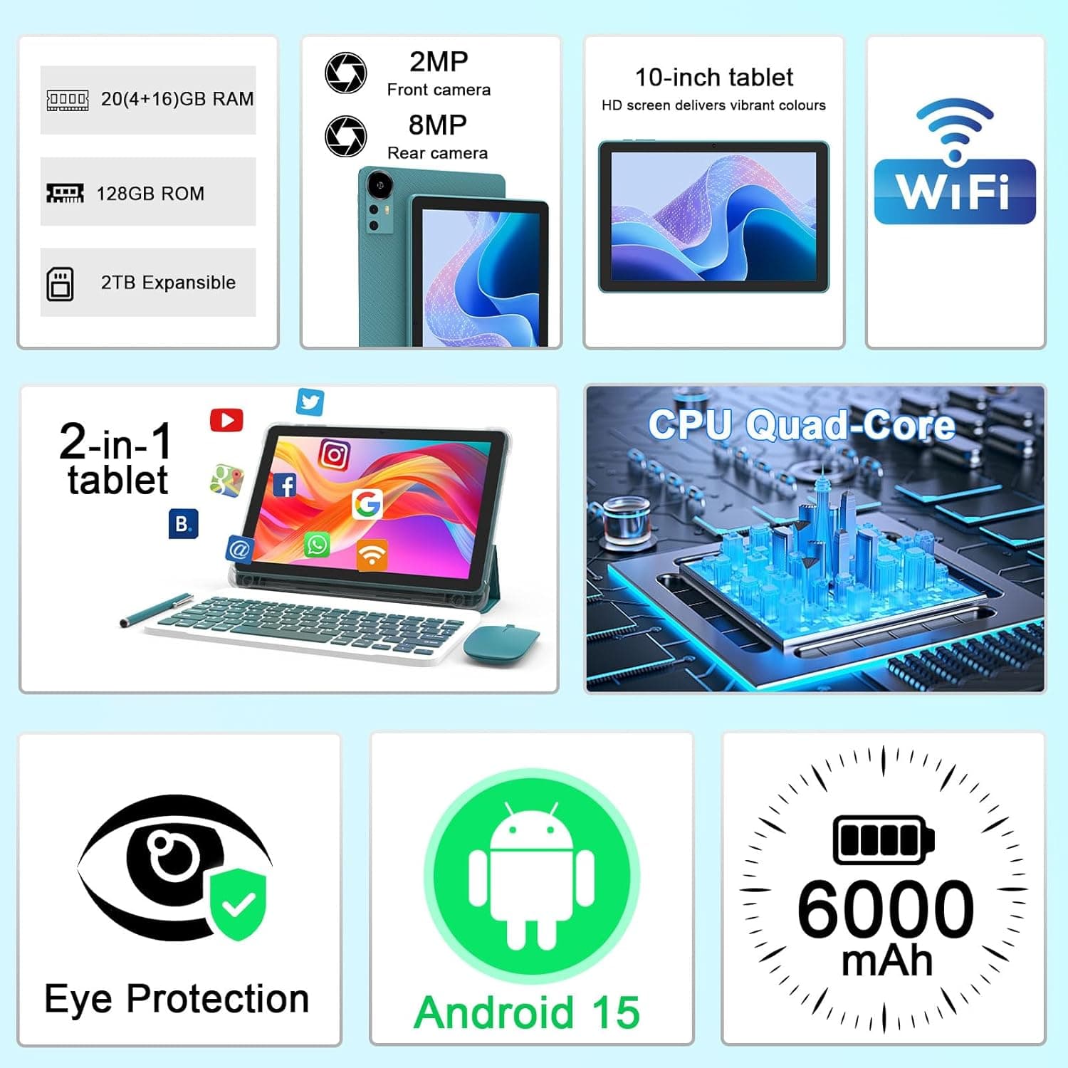 Android 15 Tablet 10 Inch, 20GB RAM+128GB ROM/ 2TB Expandable, 2.0GHz Quad-core Processor, 1280*800 HD Screen, 5G WiFi6 BT 5.0, 2 in 1 Tablets with Keyboard Case Mouse Stylus, Widevine L1 Blue NavyBlue - Image 3