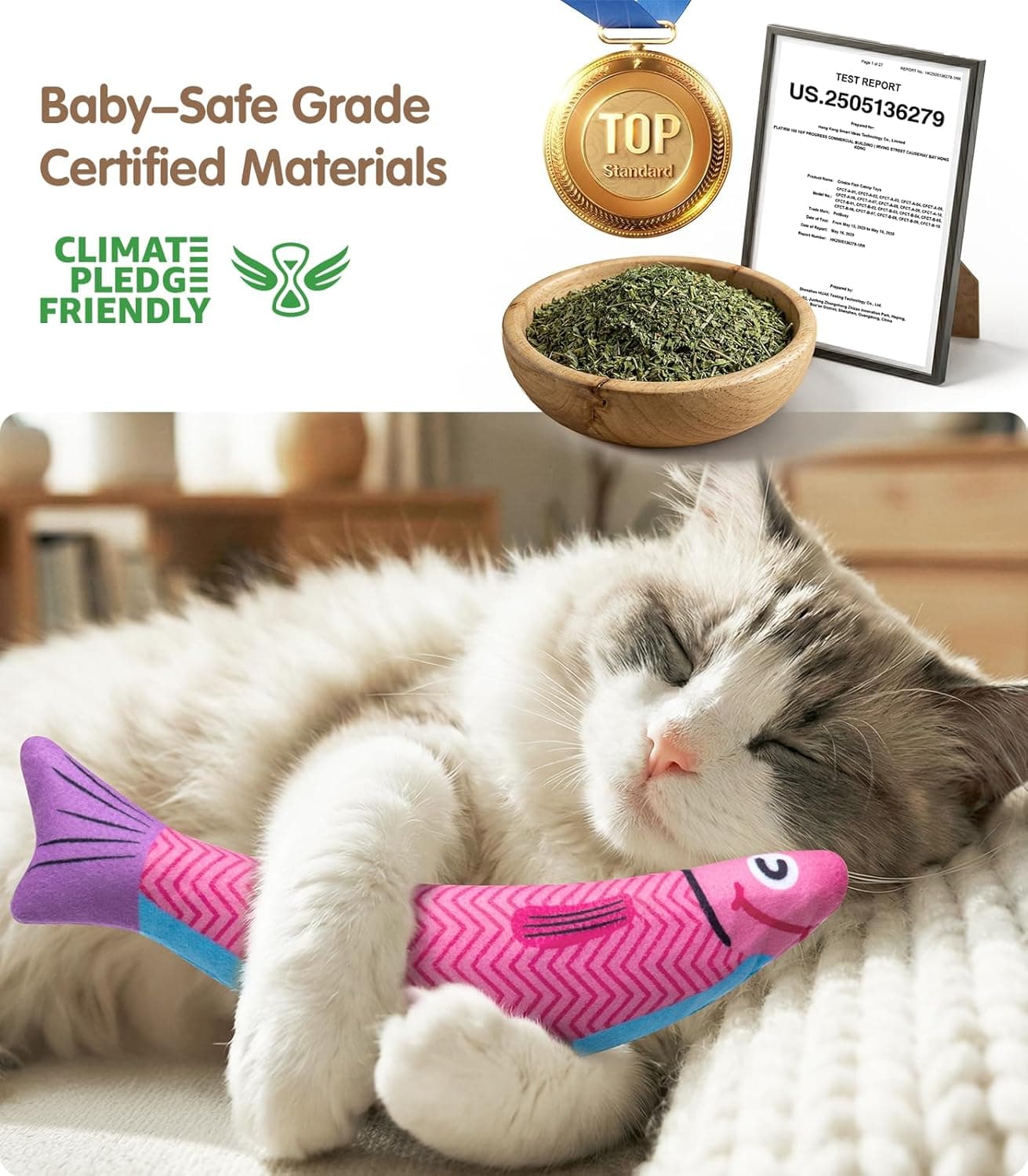 Juguetes para Gatos con [5000mg A+Hierba Gatera Natural & Silvervine] [Grado Bebé] Juguetes Interactivos Suaves para Morder para Gatos y Gatitos de Interior, [Sonido de Crinkle & Campana] Juguete en Forma de Pez, Vuelve Loco a tu Gato Aburrido con Diversión Azul+Rosa - Image 9