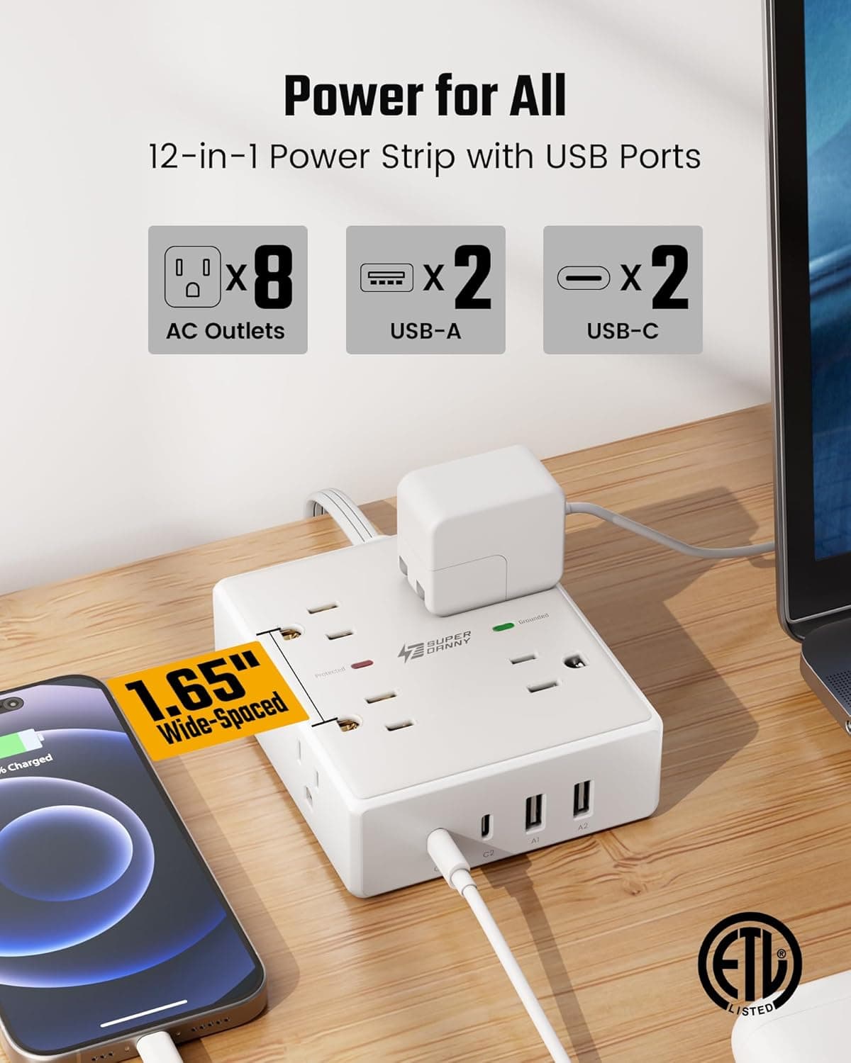 10Ft Extension Cord with Multiple Outlets, Flat Plug Surge Protector Power Strip 10 Ft Long Cord, 8 Outlets & 4 USB Ports (2 USB C), Desk Charging Station for Home Office, College Dorm Room Essentials 10FT White - Image 4