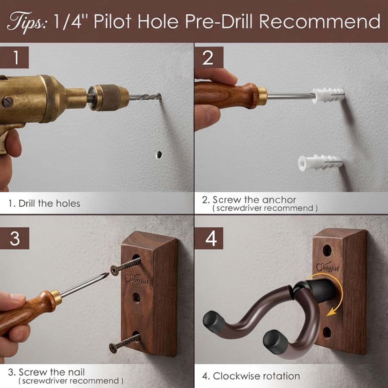 SNIGJAT Guitar Wall Mount 2 Pack, Wood Guitar Hanger Wall Hook with Screws, Guitar Stand Wall Mount Holder for Acoustic Guitar, Banjo, Bass,Guitar Accessories Gifts for Guitar Players Saddle Brown 2 - Image 4