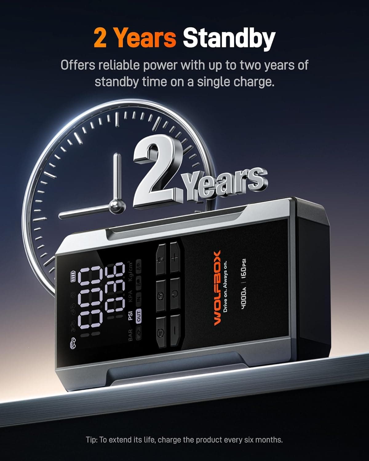 WOLFBOX 4000A Jump Starter with 160PSI Air Compressor, 12V Car Battery Booster, 65W Fast Charge, 88.8Wh Portable Tire Inflator, LED Display for 10L Gas & 10L Diesel Engines, LED Light, Jumper Cables 4000A&24000mAh - Image 7