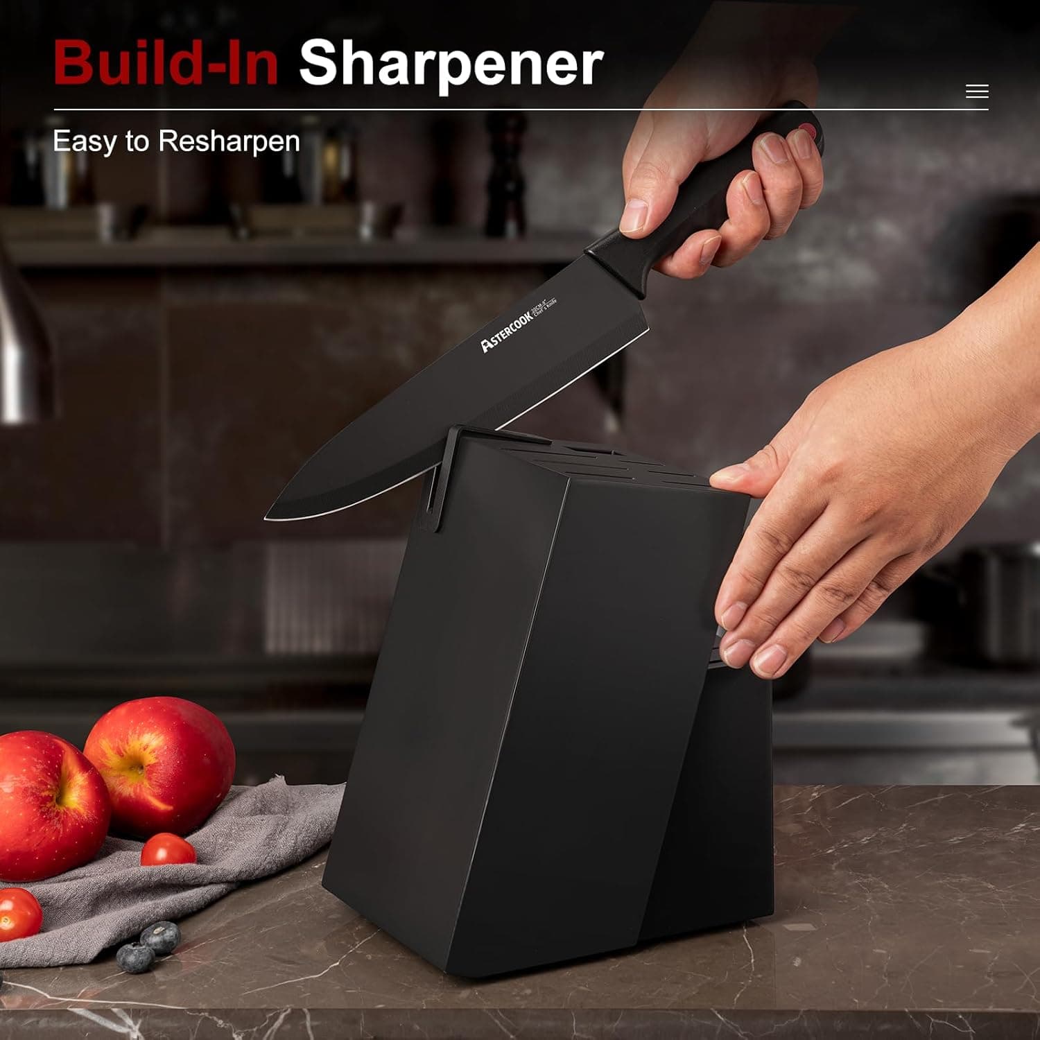 Astercook 15 Piece Knife Set with Sharpener Block - German Stainless Steel, Dishwasher Safe Kitchen Knives with Built-In Sharpener, Black - Image 5