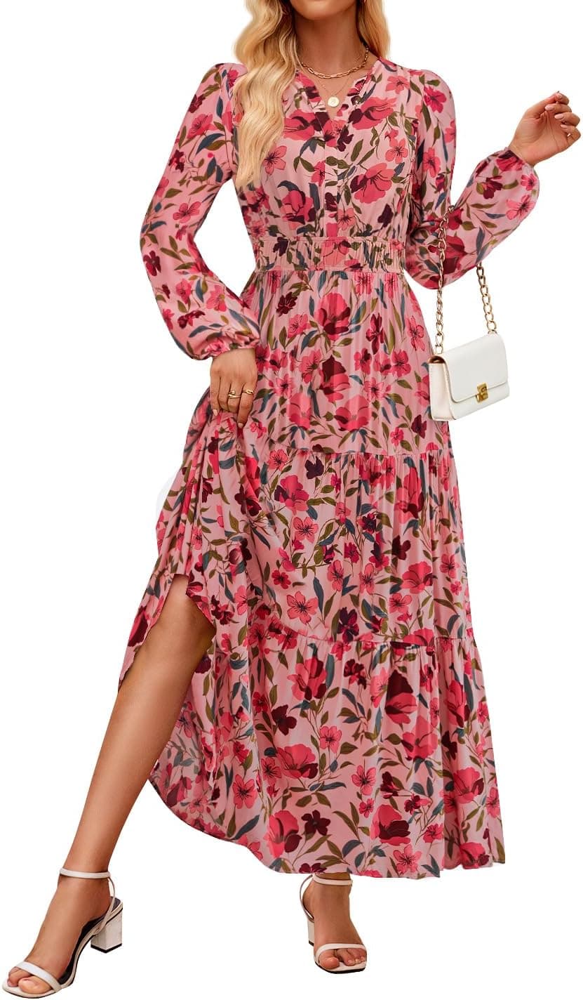 ZESICA Women's 2025 Fall Long Sleeve Maxi Dress Floral Print V Neck Empire Waist A Line Tiered Flowy Boho Party Dresses Vintagepink Medium - Image 2
