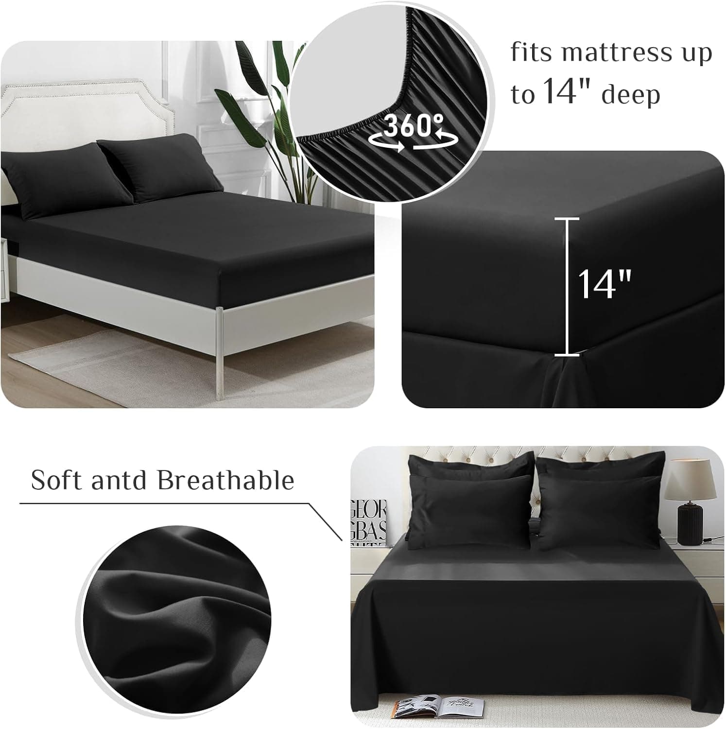 JOLLYVOGUE Queen Comforter Set, Ultra-Soft Bed in a Bag Queen Size 7 Pieces, Oeko-TEX Certified Bedding Set with Down Alternative Comforter, Sheets, Pillowcases & Shams, Black Black QUEEN(88"*88") - Image 4