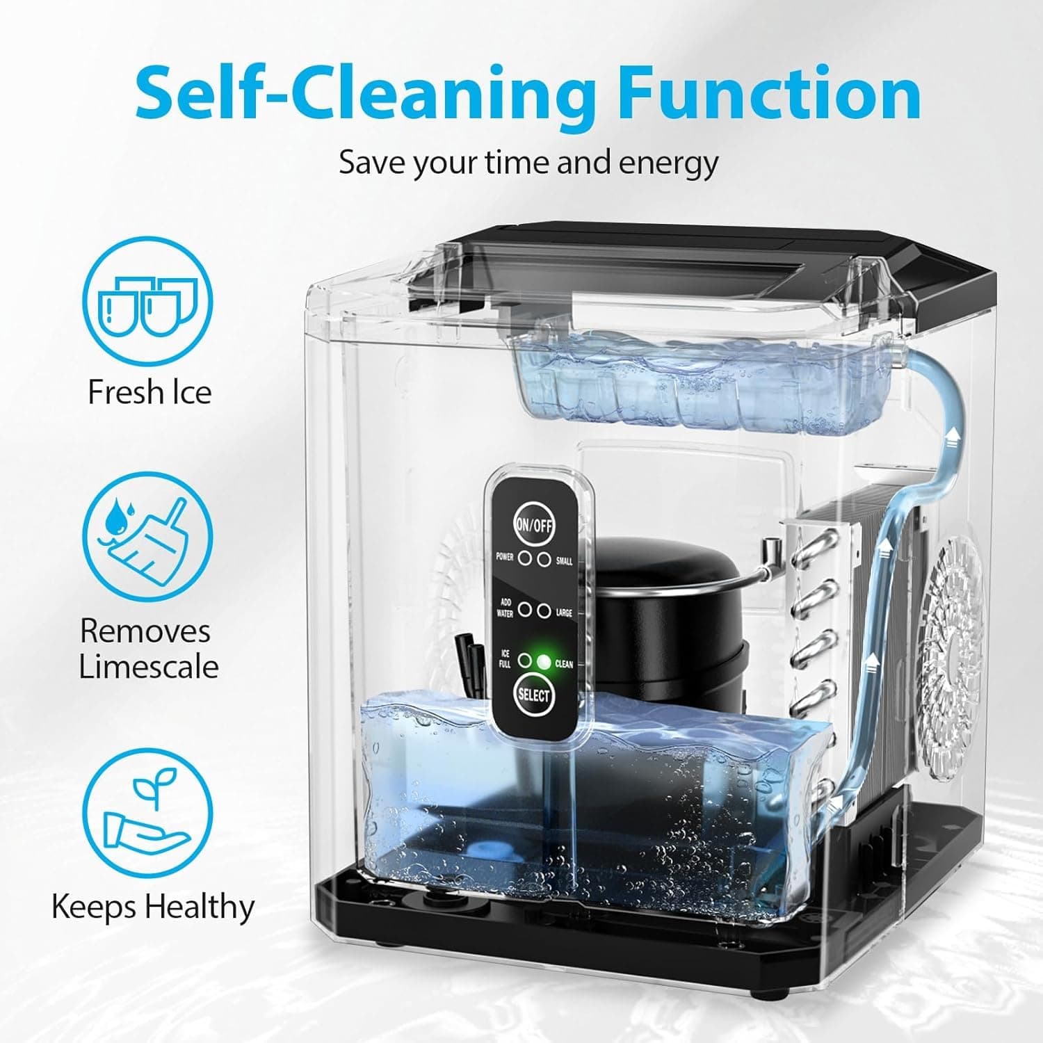 Aeitto Ice Makers Countertop, 9 Ice Cubes Release in 6 Mins, 26Lbs/24H, 2 Sizes of Bullet Ice Machine,Self-Cleaning Portable Ice Maker with Ice Scoop and Basket for Home Kitchen Office Bar RV, Black - Image 5