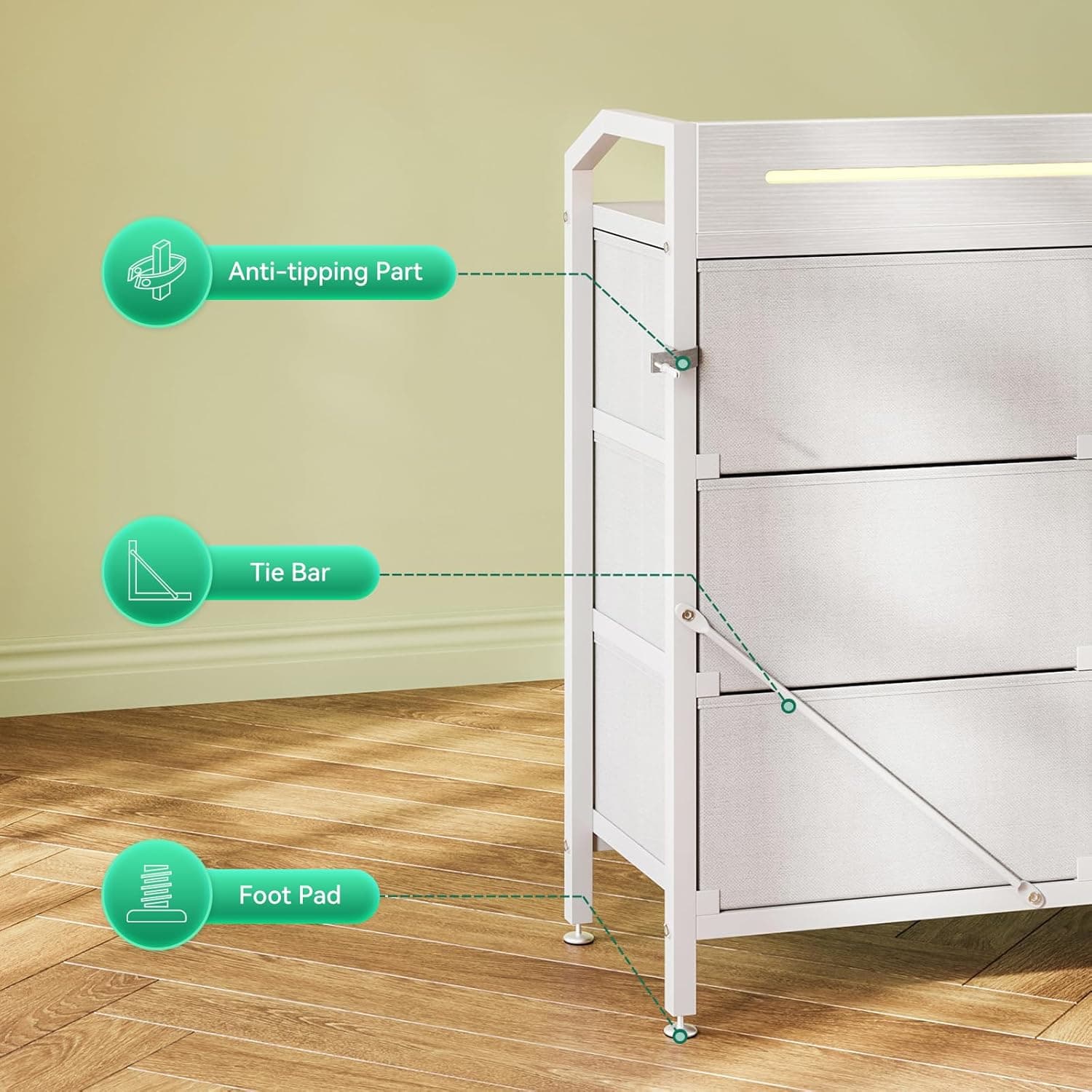 KKL White Dresser for Bedroom with Light Strip & Power Outlet — 8 Drawers Dressers & Chest of Drawers with Shelf, Wood Top, Metal Frame, Wide Dressers for Girls Bedroom, Living Room, Hallway, Closet - Image 9