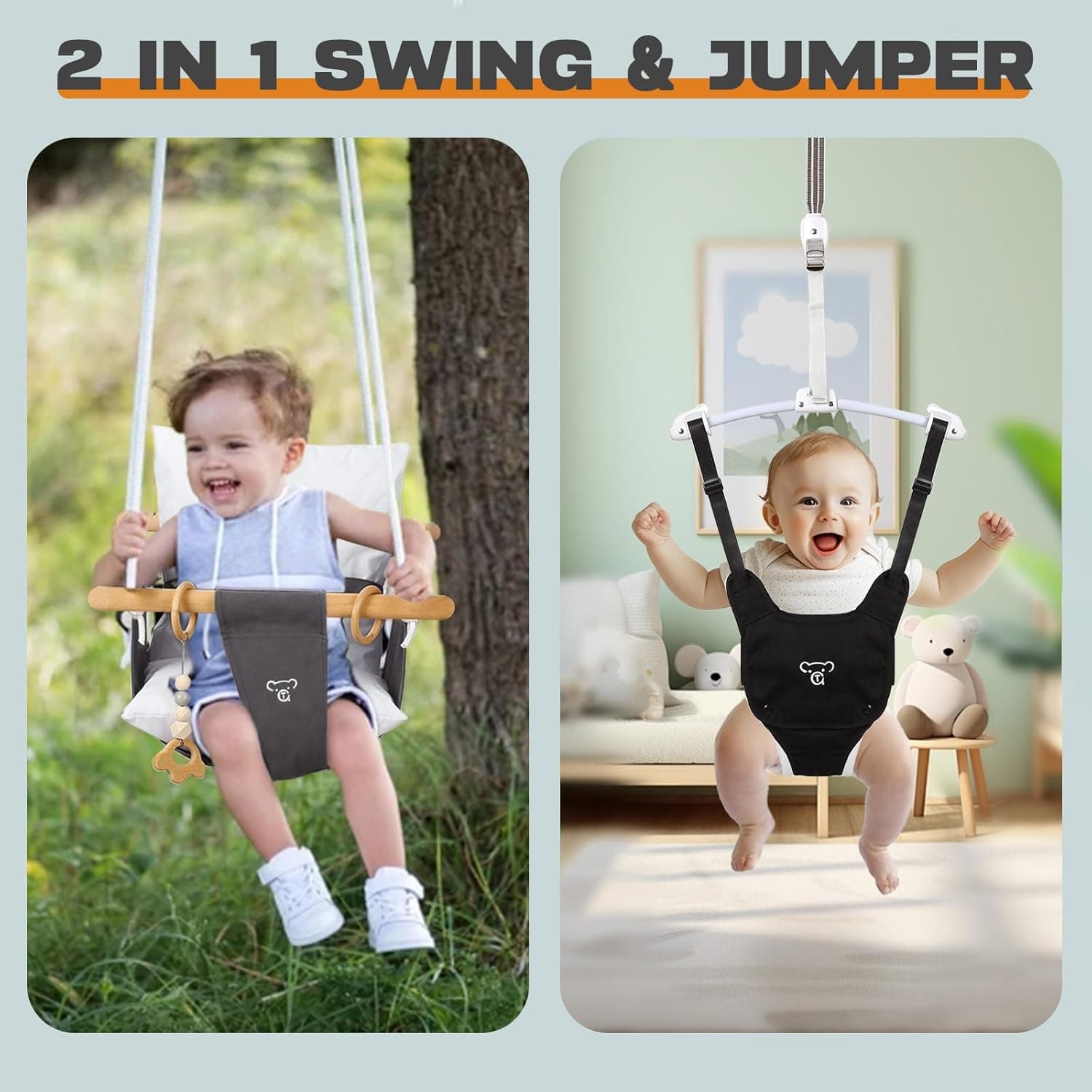 2-in-1 Baby Jumper & Swing - Foldable Stand, Stable Toddler Swing Set for Indoor & Outdoor Use Black - Image 3