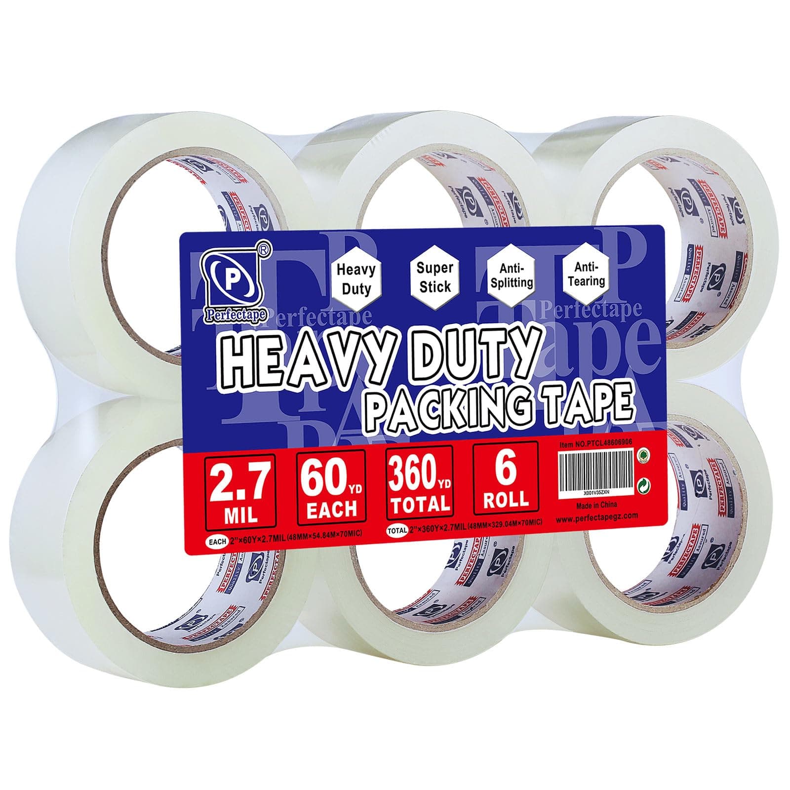 Heavy Duty Packing Tape 6 Rolls, Total 360Y, Clear, 2.7 mil, 1.88 inch x 60 Yards, Ultra Strong, Refill for Packaging and Shipping 6-PACK