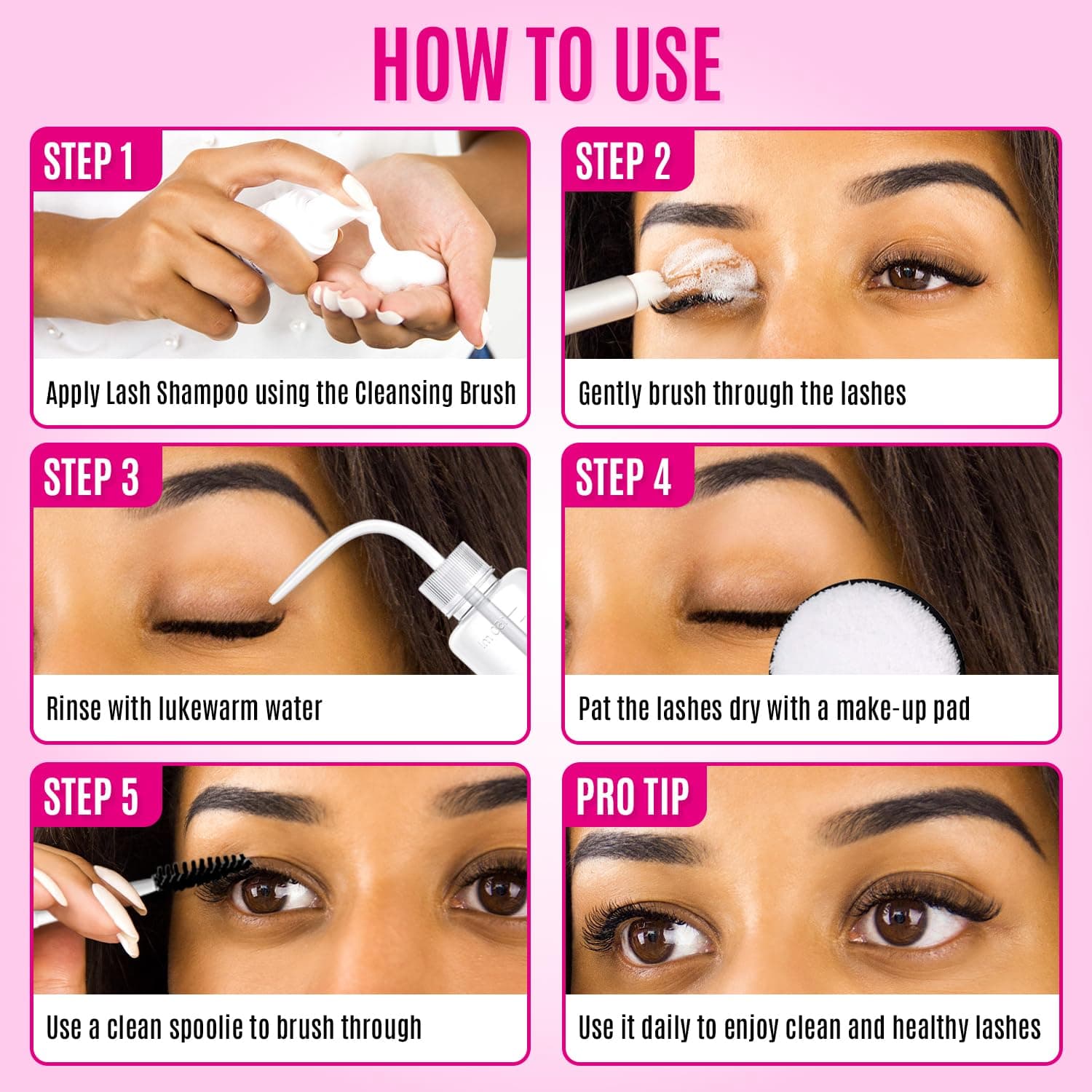 STACY LASH Lash Shampoo Kit Foaming Cleanser with Eye Lash Spoolies & Rinse Bottle & Cleansing Pad & Brush for Eyelash Extensions & Clusters & Natural Eyelashes 1.69 fl oz (50 ml) Lash Shampoo Kit - Image 7