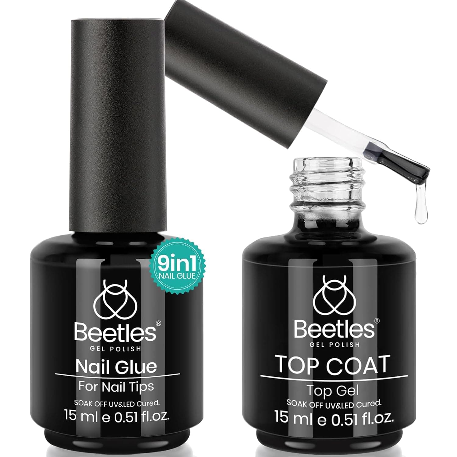 Beetles Gel Nail Glue and No Wipe Top Coat Kit, 2Pcs 15ml 9 In 1 UV Nail Glue for Acrylic Nail Tips Clear Press On Nails, Easy Nail Extension Gel, Soak Off LED Shine Finish DIY Home Manicure 0-Nail Glue and Top Coat - Image 2