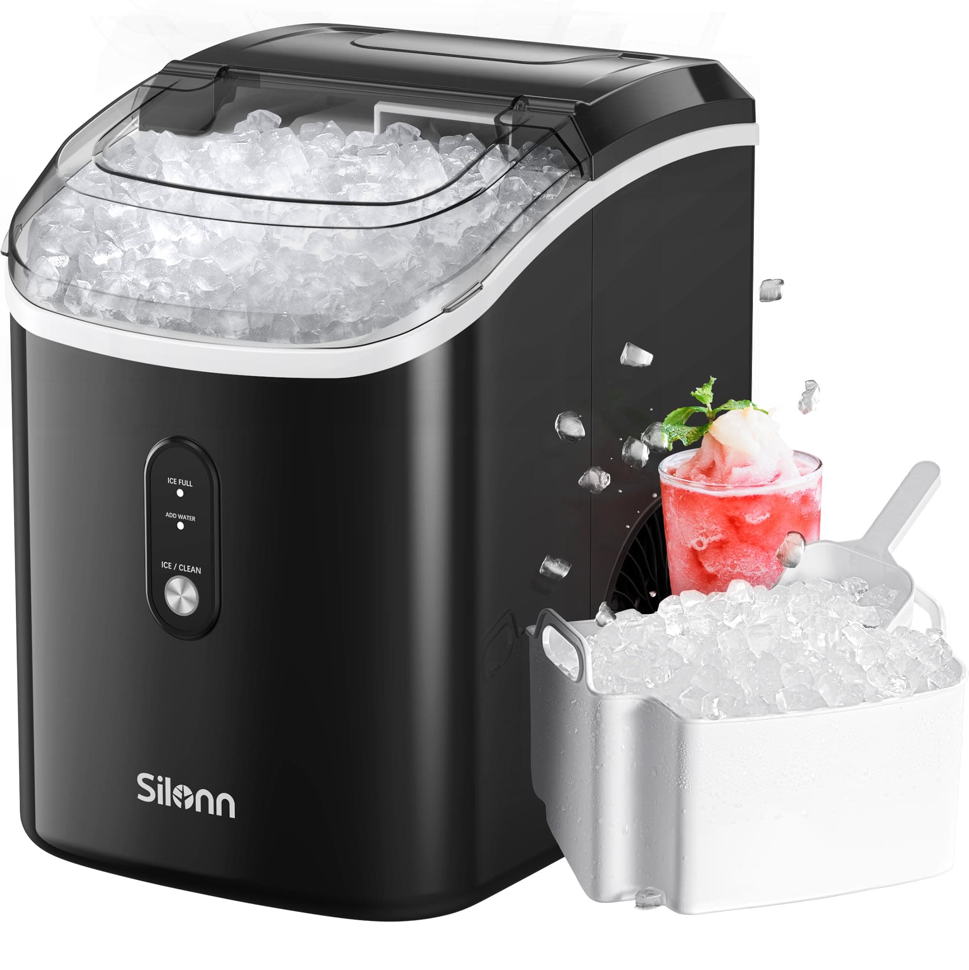 Nugget Ice Maker Countertop, Silonn Chewable Pellet Ice Machine with Self-Cleanin Function, 33lbs/24H Portable Ice Makers for Home Kitchen Officce, Black Black-transparent 33lbs
