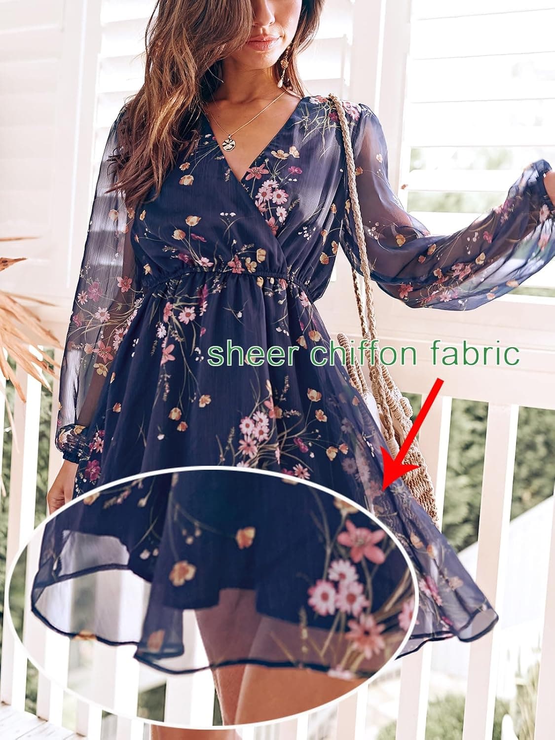 CUPSHE Women's Mini Dresses Casual Spring V Neck Chiffon Long Peasant Sleeves Flowy Summer Dress Navy XX-Large - Image 4