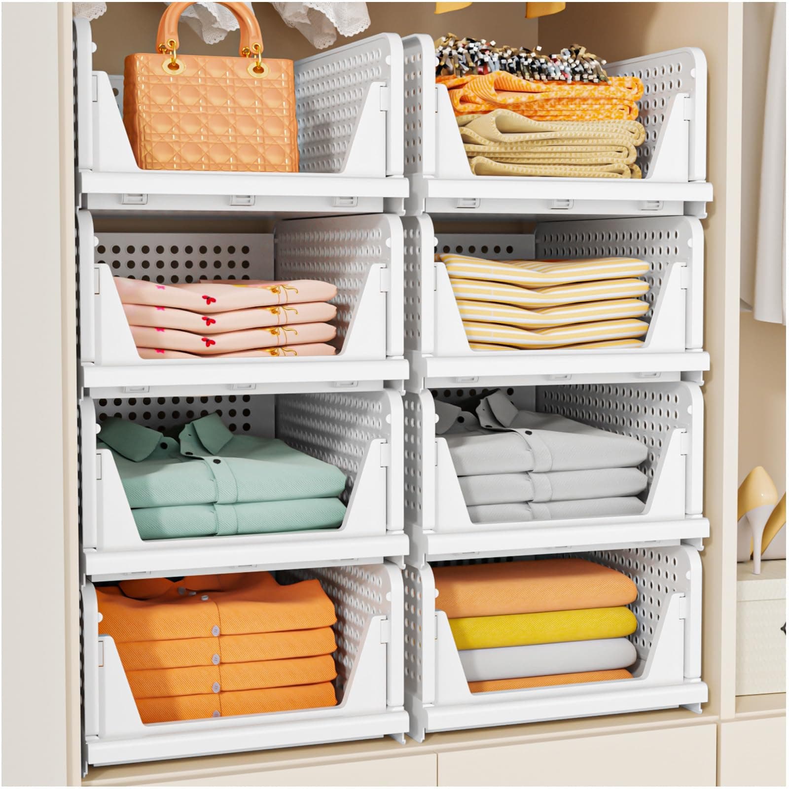 SNSLXH 5 Pack Stackable Closet Storage Basket, Multifunctional & Foldable Closet Organizer for Bathroom Kitchen Laundry Room Wardrobe Storage, Space-Saving Clothes Storage Drawer Organizer, White White 5 Pack