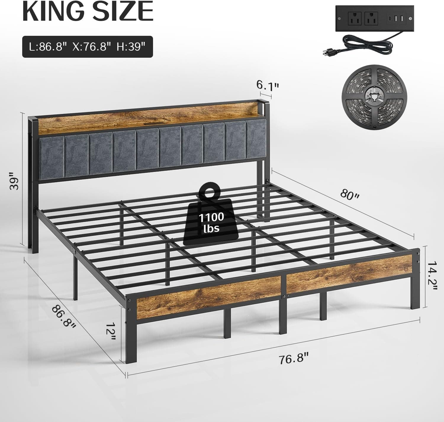 King Size Bed Frame with Smart LED Lights, Storage Headboard with USB Charging Station, Metal Platform Bed Noise Free, Easy Assembly, No Box Spring Needed King (U.S. Standard) - Image 3