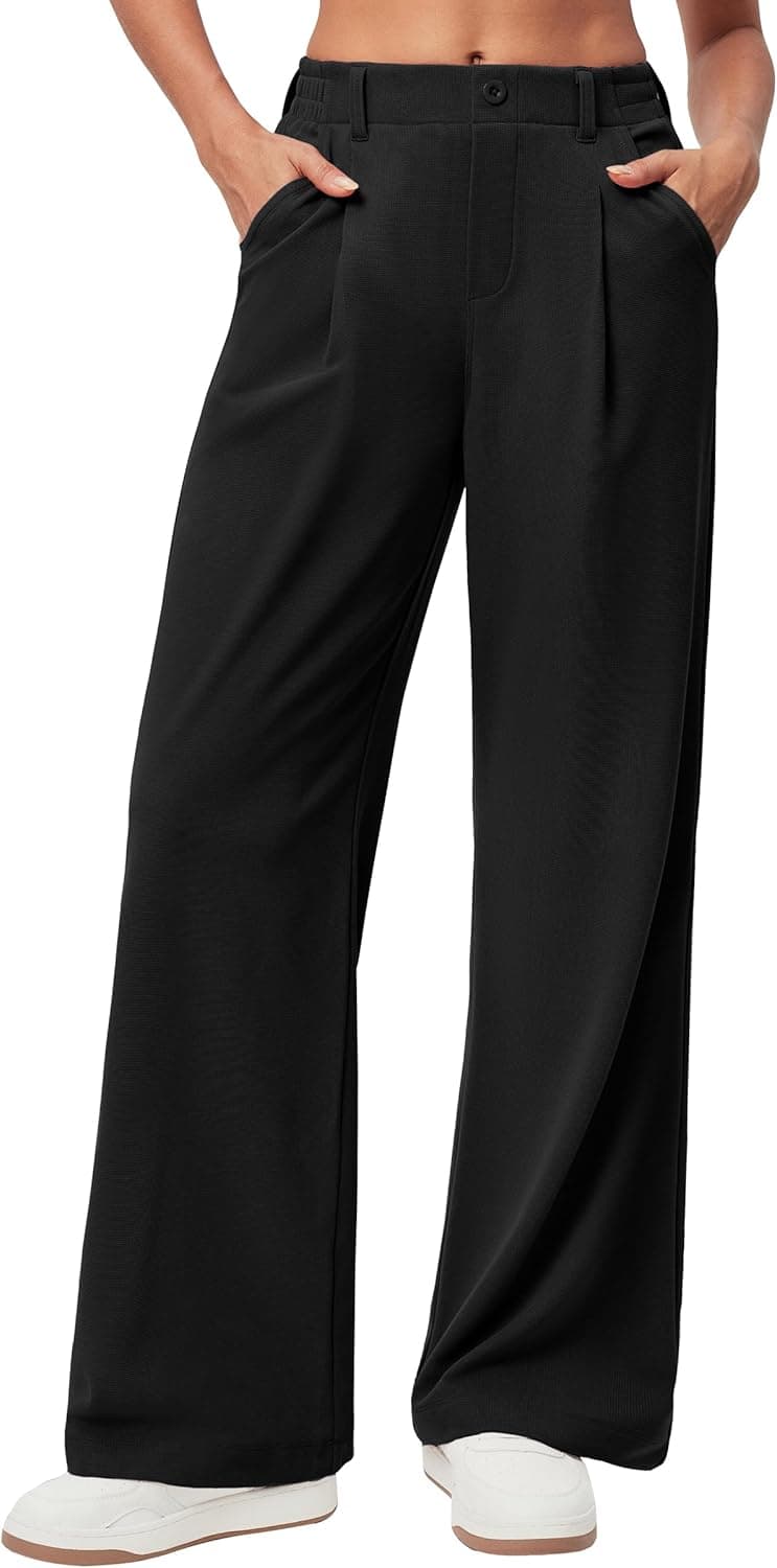 Ewedoos Wide Leg Pants Woman Stretchy Work Dress Pants Women Pull on Business Casual Slacks Trousers Fall Outfits 26"/28" Black- 28'' Regular Medium - Image 2