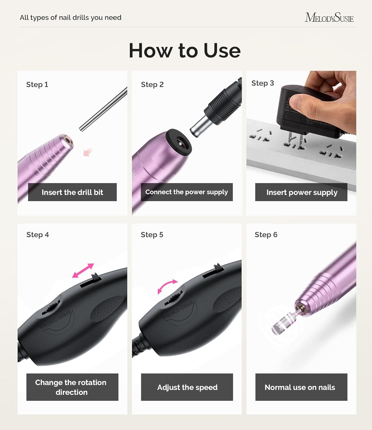 MelodySusie Pen-Shaped Portable Nail Drill with AC Adapter, PC120B 20000RPM Electric File with Compact Design for All Nail Care, Manicure Polishing, Shaping & Gel Removal at Home for Beginners Purple - Image 6