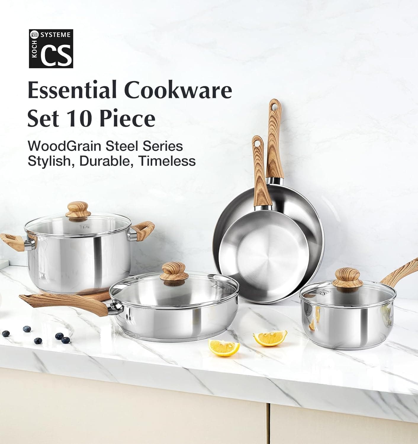 KOCH SYSTEME CS Stainless Steel Coowkare Set 10PCS, Professional 18/10 Stainless Steel Pots and Pans Set with Cool-Touch Handles, Tri-ply Base, Kitchen Cookware Sets, Cooking Set Induction Compatible 10 Pcs - Image 8