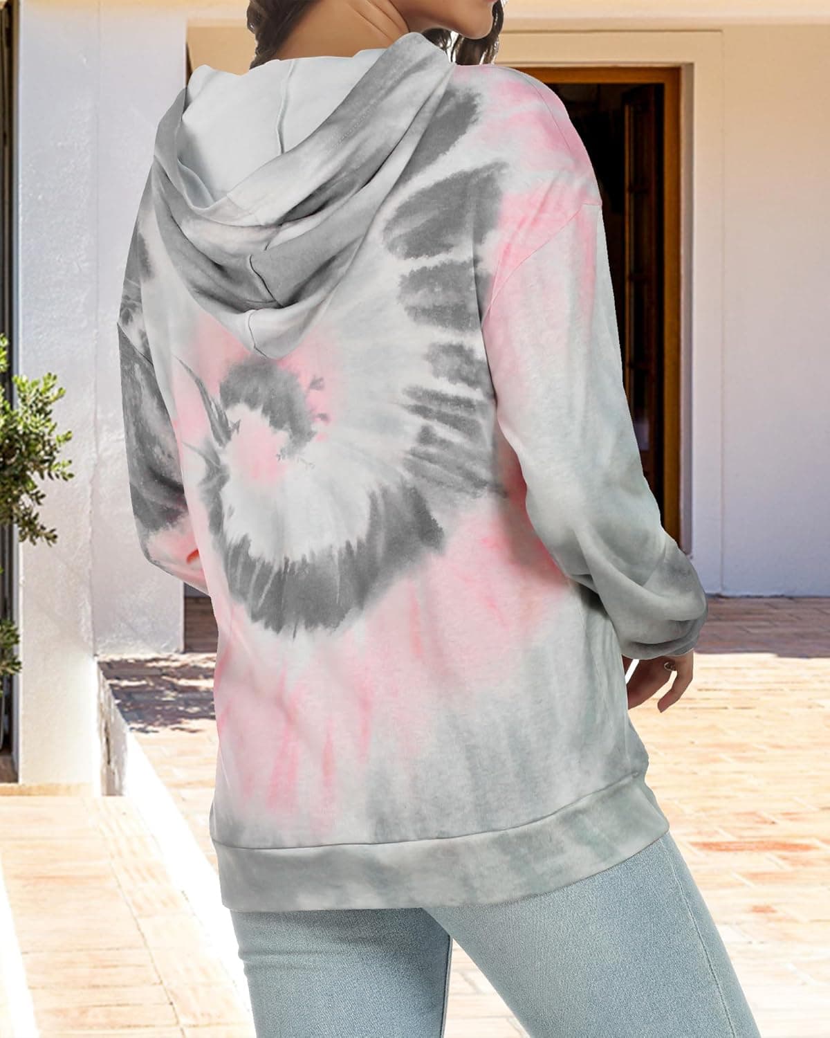 Women's Hoodies Long Sleeve Sweatshirts Drawstring Pullover Tops with Pocket Casual Loose Blouses Tunic X-Large Grey Pink Tie Dye - Image 5