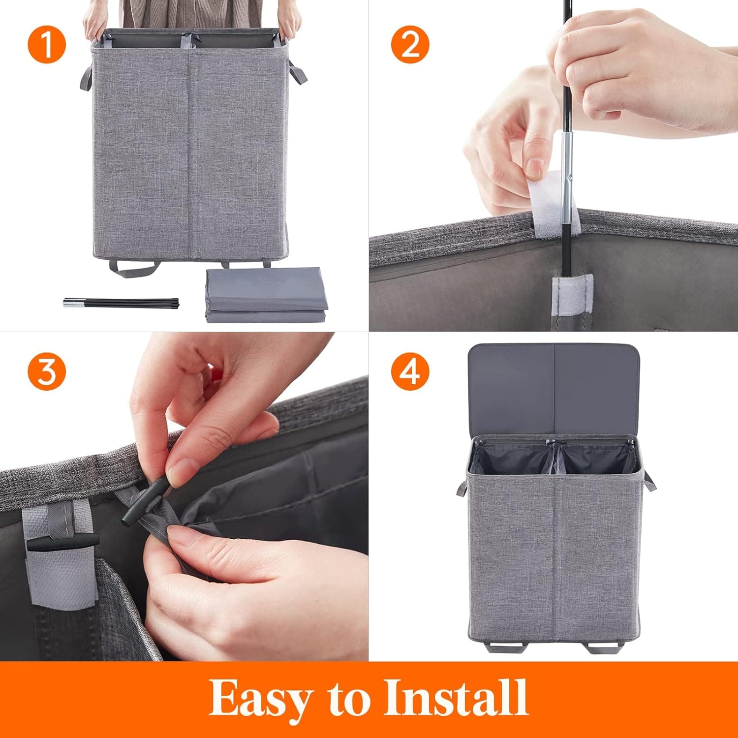 Lifewit Double Laundry Hamper with Lid and Removable Laundry Bags, Large Collapsible 2 Dividers Dirty Clothes Basket with Handles for Bedroom, Laundry Room, Closet, Bathroom, College, 136L Gray Gray 136L - Image 3