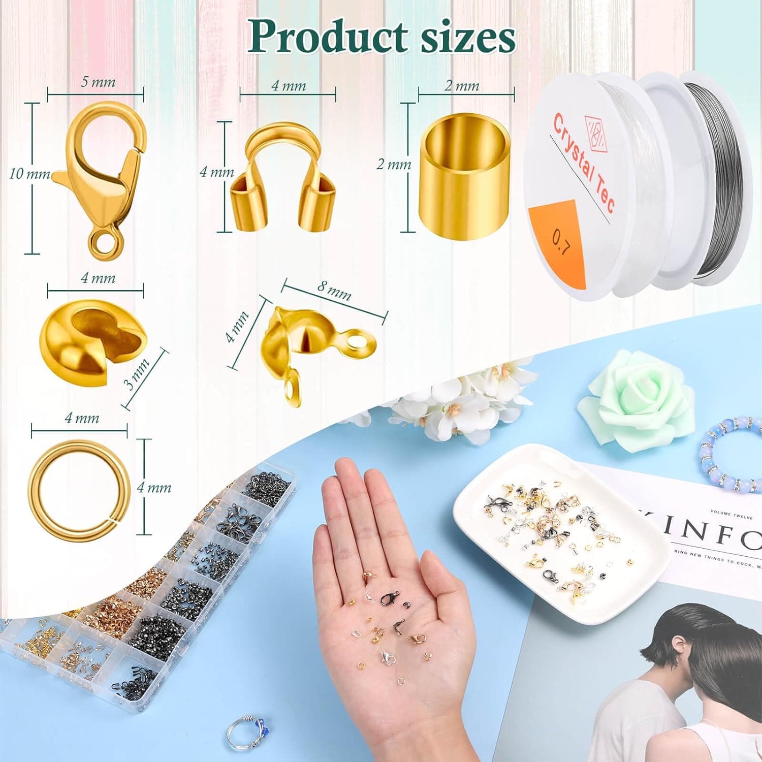 Acejoz 2160 Pieces Crimp Beads Kit for Jewelry Making, Knot Covers, Crimp Bead Covers, Crimp Tubes, Jump Rings and Wire Guardians with Crimping Pliers, Elastic String for Bracelets Necklaces Making - Image 4