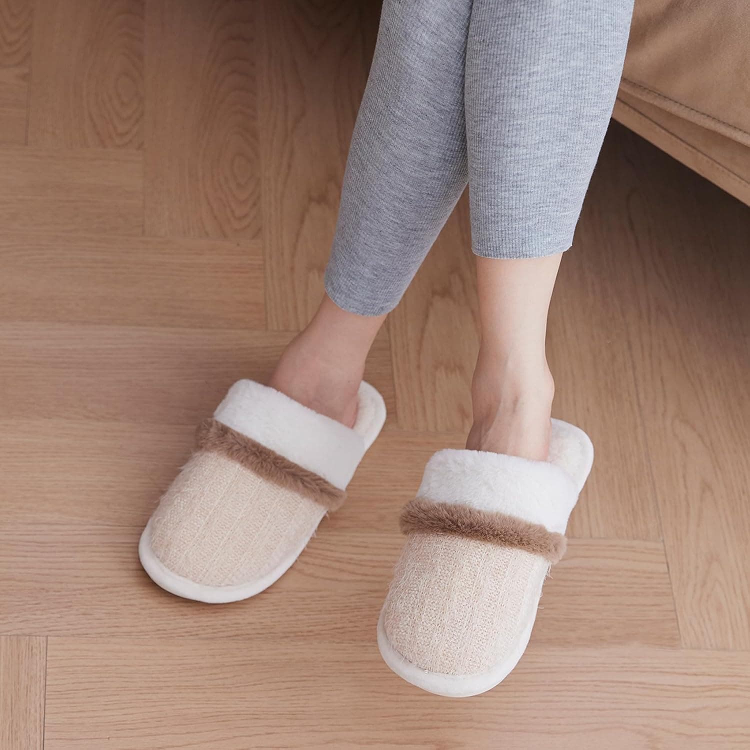 Cozy Slippers for Women Indoor and Outdoor Fuzzy House Shoes with Memory Foam Anti-Skid Sole Gifts for Women Mom Ladies 7-8 Women/5-6 Men Beige - Image 5