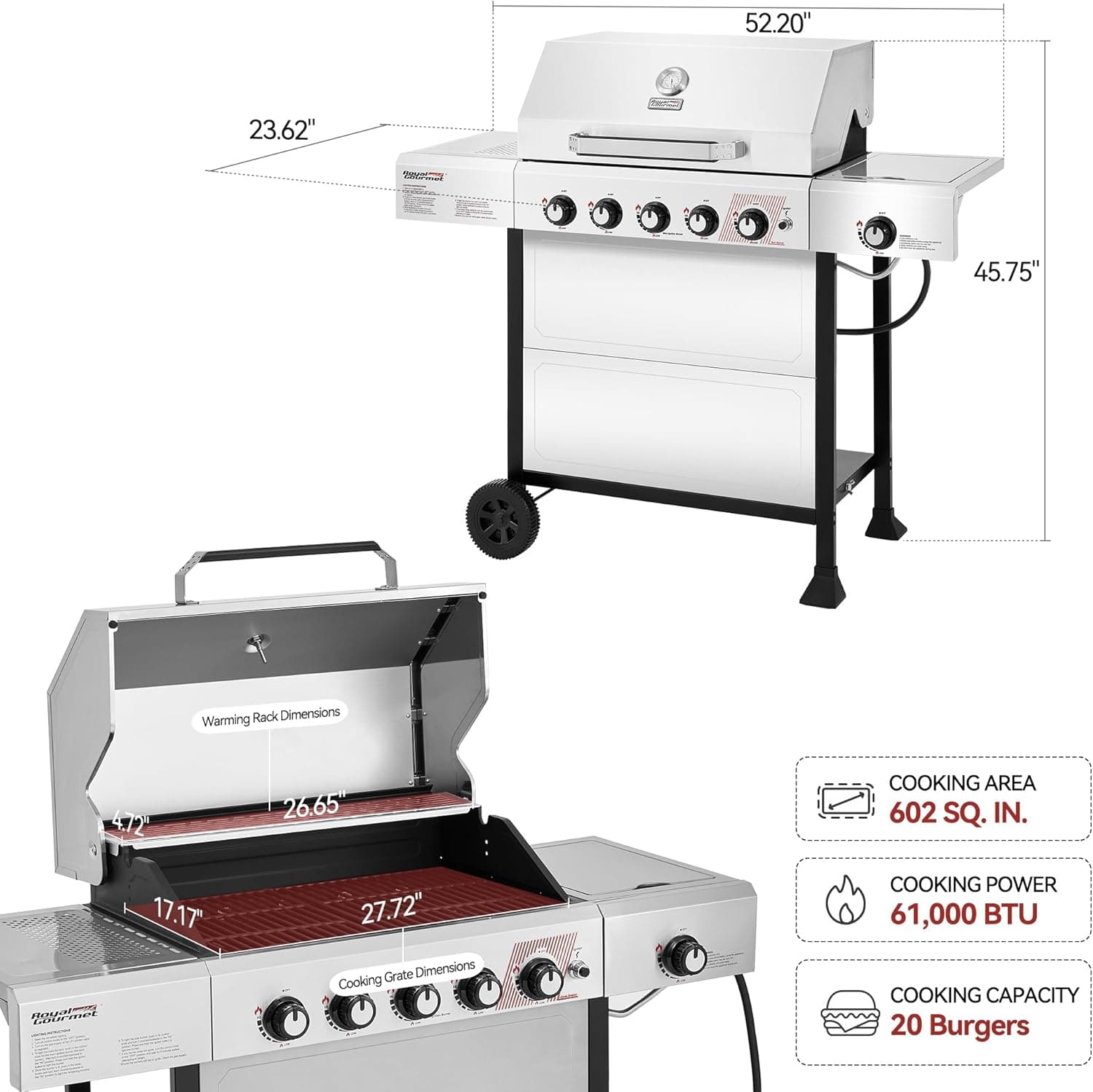 Royal Gourmet GA5401T 5 Burner Propane Gas Grill with Side Burner and Sear Burner, Stainless Steel Gas BBQ Grill with 61,000 BTUs Output for Barbecue Grilling & Backyard Cooking, Silver - Image 4
