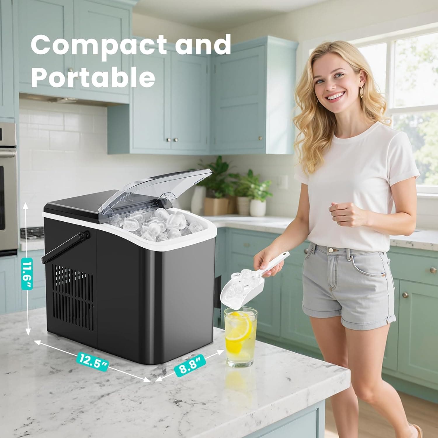 OLIXIS Ice Maker Machine with Handle,26lbs in 24Hrs,9 Ice Cubes in 6 Mins,Auto-Cleaning Portable Ice Maker with Basket and Scoop, Countertop Ice Maker for Home/Kitchen/Camping/RV, Sleek Black Sleek Black Handle-26.5Lbs/24H - Image 3