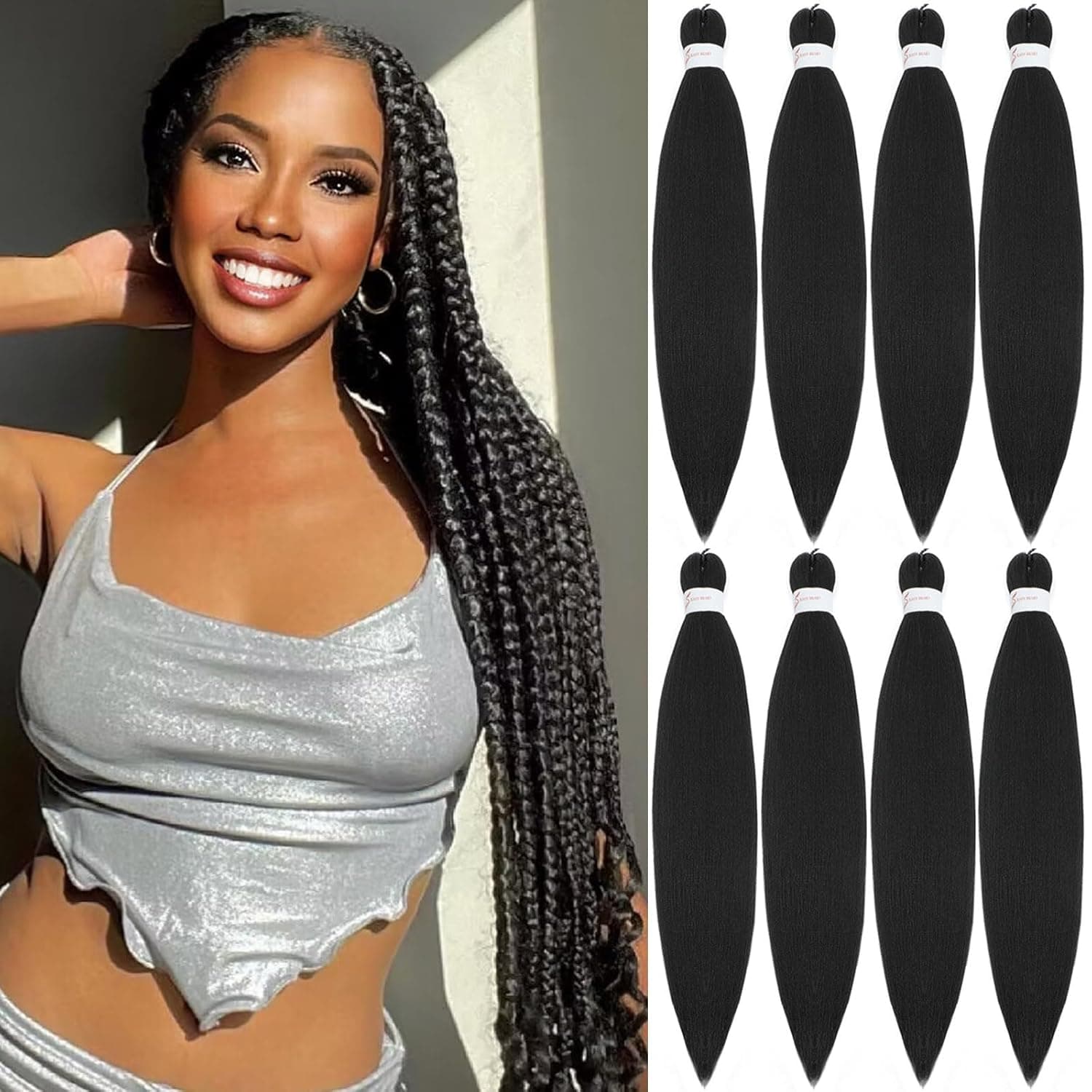 Pre Stretched Braiding Hair 20 Inch 8 Pack Long Braiding Hair Pre Stretched Hair For Braiding Hot Water Setting Soft Yaki Texture Synthetic Crochet Braids Hair For Women Girls (20Inch,1B) 20 Inch (Packs of 8) 1B - Image 2