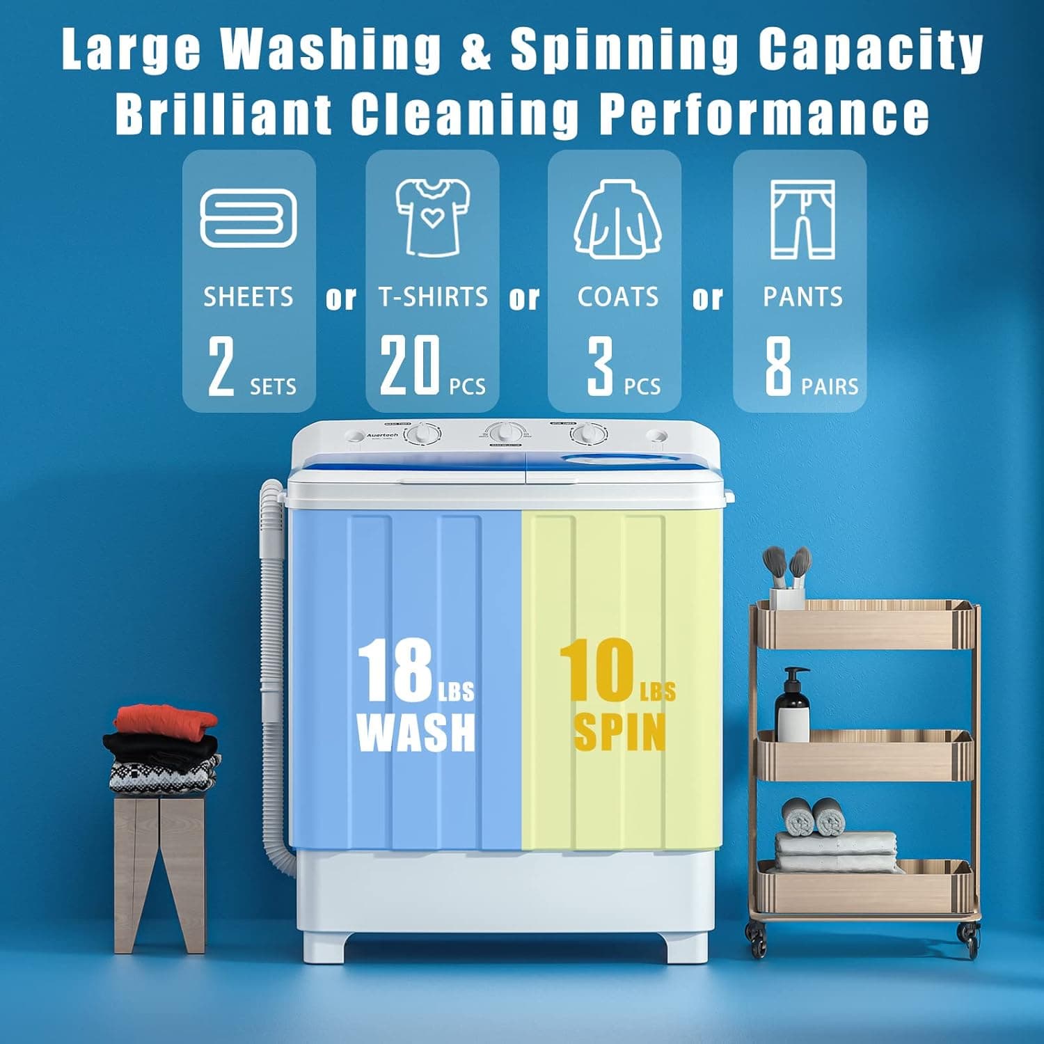 Auertech Portable Washing Machine, 28lbs Twin Tub Washer Mini Compact Laundry Machine with Drain Pump, Semi-automatic 18lbs Washer 10lbs Spinner Combo for Dorms, Apartments, RVs 28lbs capacity - Image 3