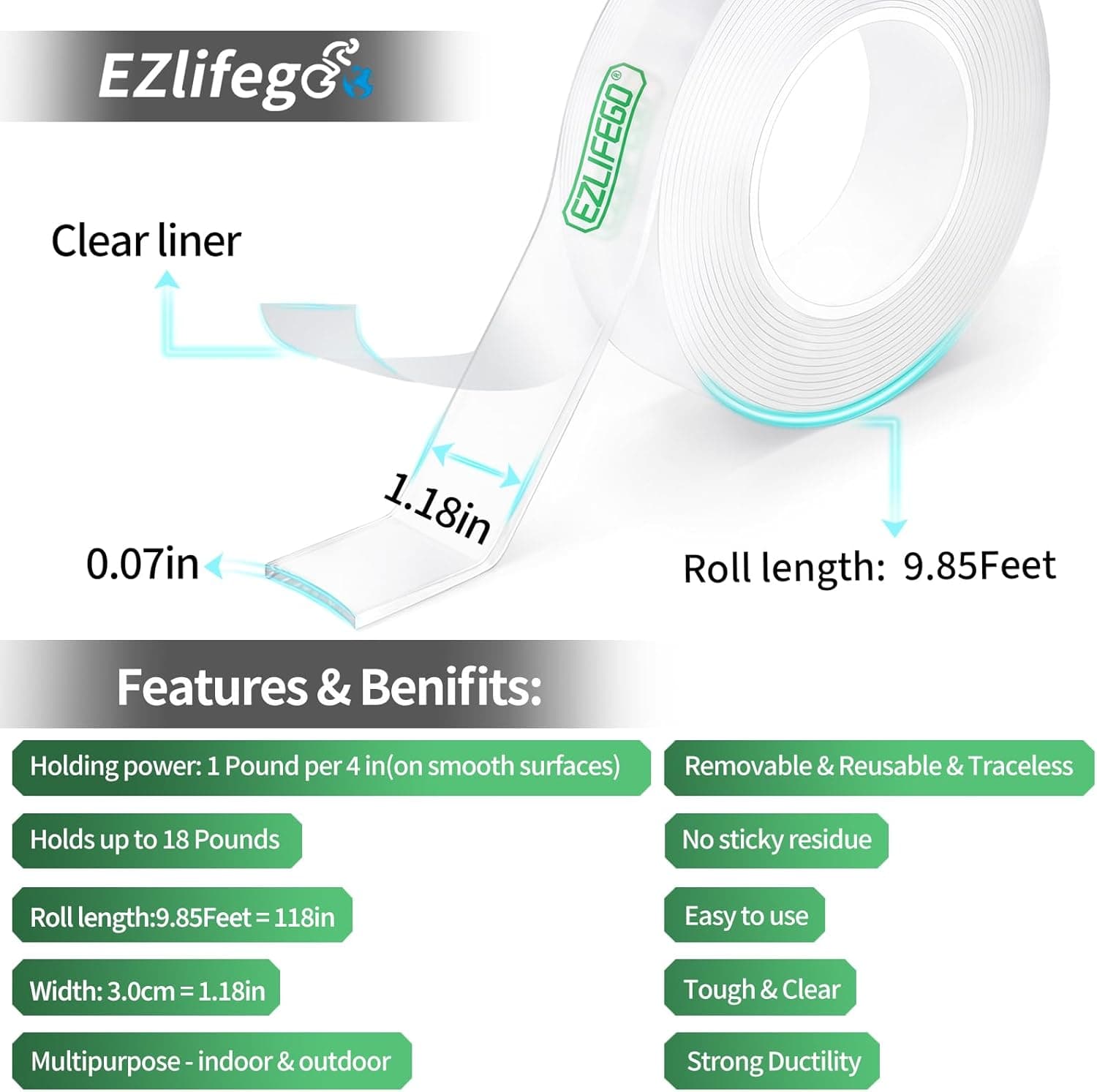 EZlifego Double Sided Tape Heavy Duty, Nano Double Sided Adhesive Tape, Clear Mounting Tape Picture Hanging Adhesive Strips (9.85FT) 9.85 Feet - Image 3