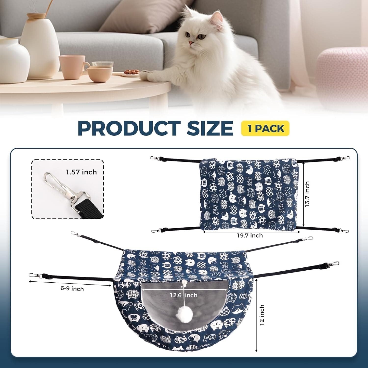 Cat Hammock for Cage with Ball,Hanging Pet Hammock Bed Adjustable,Double Layer Soft Sleeping Hammock for Cats,Ferret,Puppy,Rabbits,Small Animals,1Pack (White) - Image 5