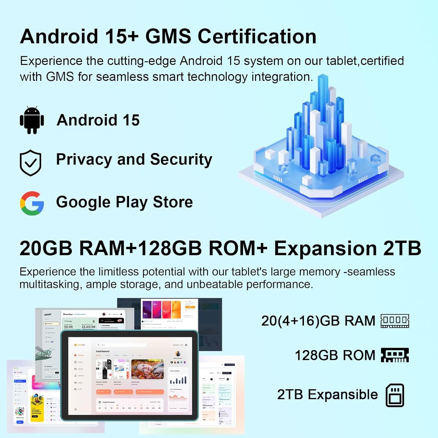 Android 15 Tablet 10 Inch, 20GB RAM+128GB ROM/ 2TB Expandable, 2.0GHz Quad-core Processor, 1280*800 HD Screen, 5G WiFi6 BT 5.0, 2 in 1 Tablets with Keyboard Case Mouse Stylus, Widevine L1 Blue NavyBlue - Image 6