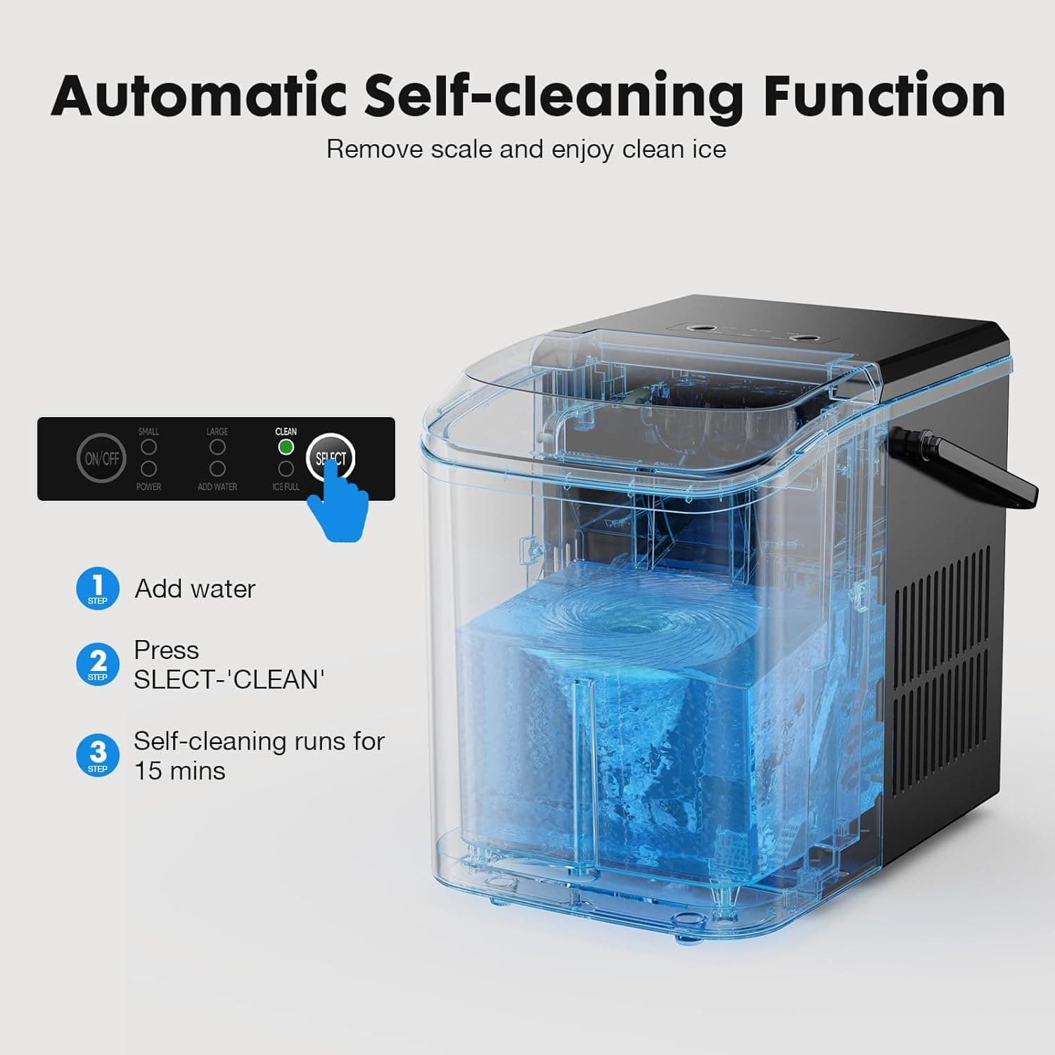 Sweetcrispy Countertop Ice Maker Machine, Portable Self-Cleaning Ice Machine with Ice Scoop, Basket and Handle, 9 Cubes in 6 Mins, 26.5lbs/24Hrs, 2 Sizes of Bullet Ice for Home Kitchen, Coal Black Black with Handle - Image 7
