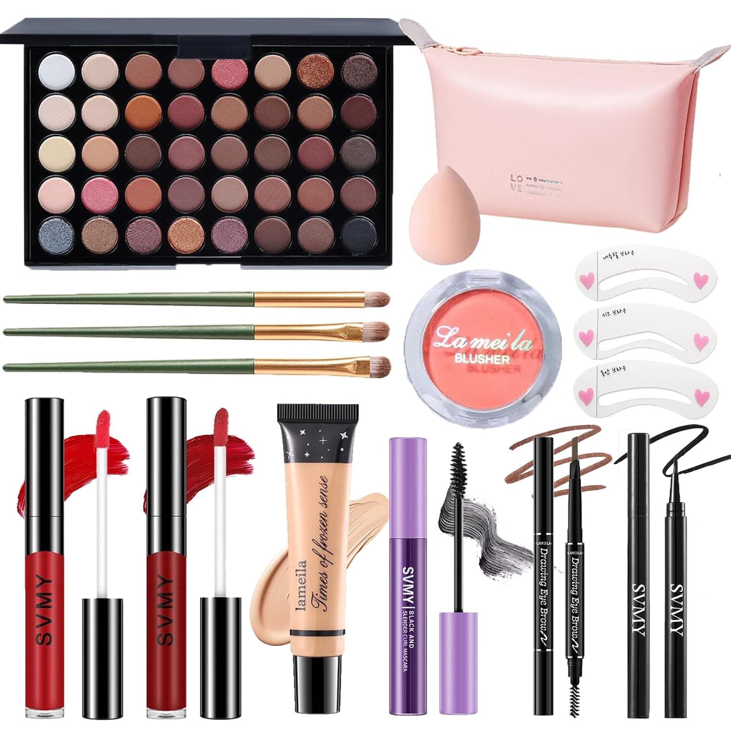 Makeup Set for Women, Makeup Full Kit for Beginners & Professionals, Travel Makeup Set for Teens & Adults, Makeup Gift Set for Girls, Eyeshadow Palette, Lip Gloss, Face & Eye Make up 40 Earth Colors Eyeshadow + 2×Lip Gloss + Blush + Mascara + Pink Cosmetic Bag - Image 2
