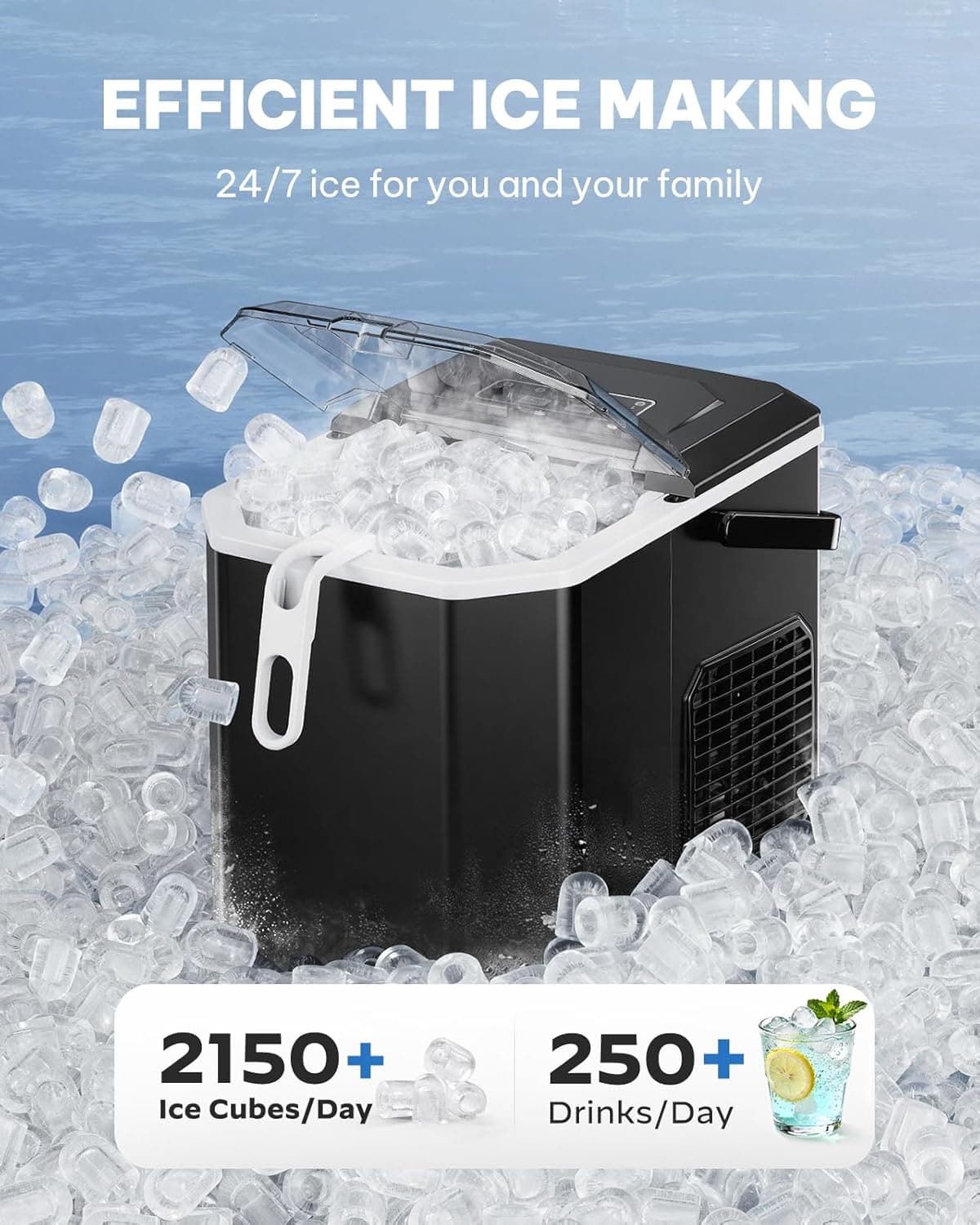 Silonn Ice Maker Countertop Machine with Handle, 26lbs in 24h, 9 Ice Cubes Ready in 6 Mins, Self-Cleaning Ice Makers with Basket and Scoop, Ideal for Home, Kitchen, Camping, RV Black-26lbs 26 lbs - Image 3