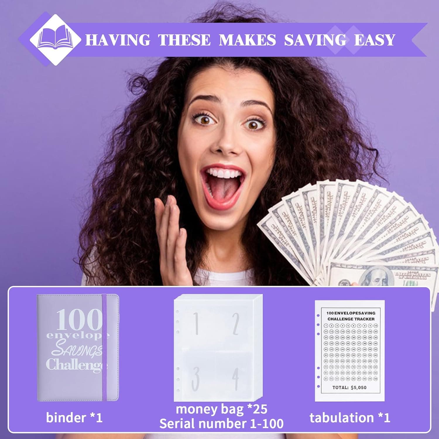 100 Envelopes Money Saving Binder A5 Savings Challenge Book Easy and Fun Way to Save $5,050 Purple - Image 5