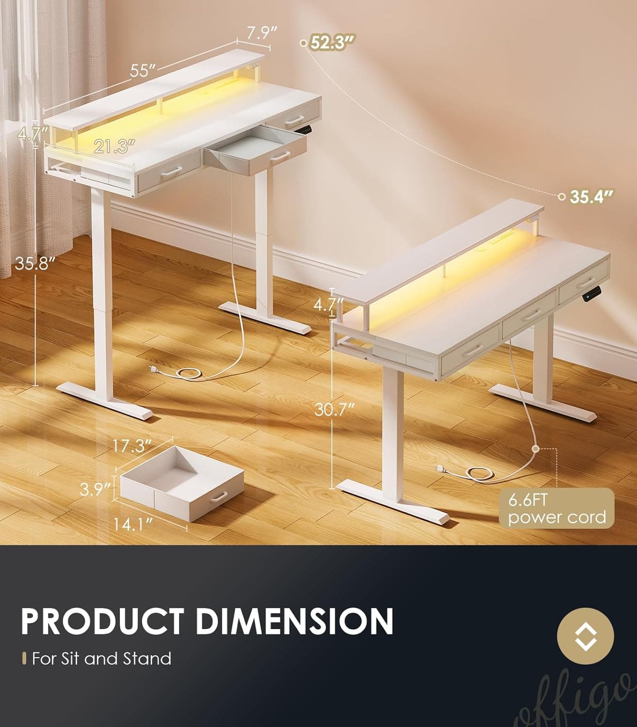 OffiGo Electric Standing Desk with Drawers, 55 Inch Height Adjustable Desk with Power Outlets & LED Lights, Sit Stand Table with Monitor Stand for Home, Office, Workstation, White White 55 Inch - Image 10